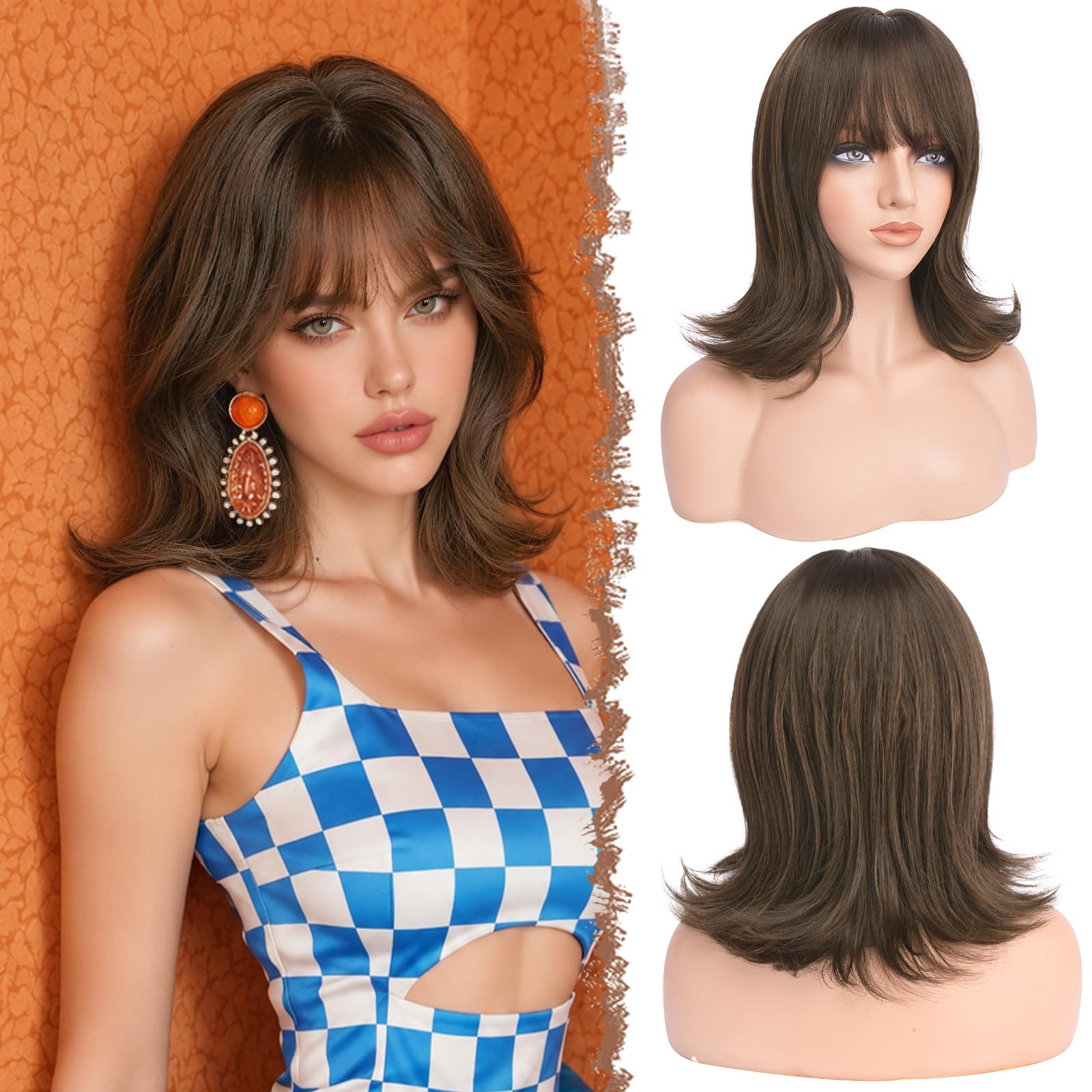 FESHFEN Bob Perücke mit Pony - Wellig Kurze Perücken für Frauen Synthetische Natürlich Haarperücke Geschichtete Wellen Wigs für Tägliche Party, Braun mit Strähnchen