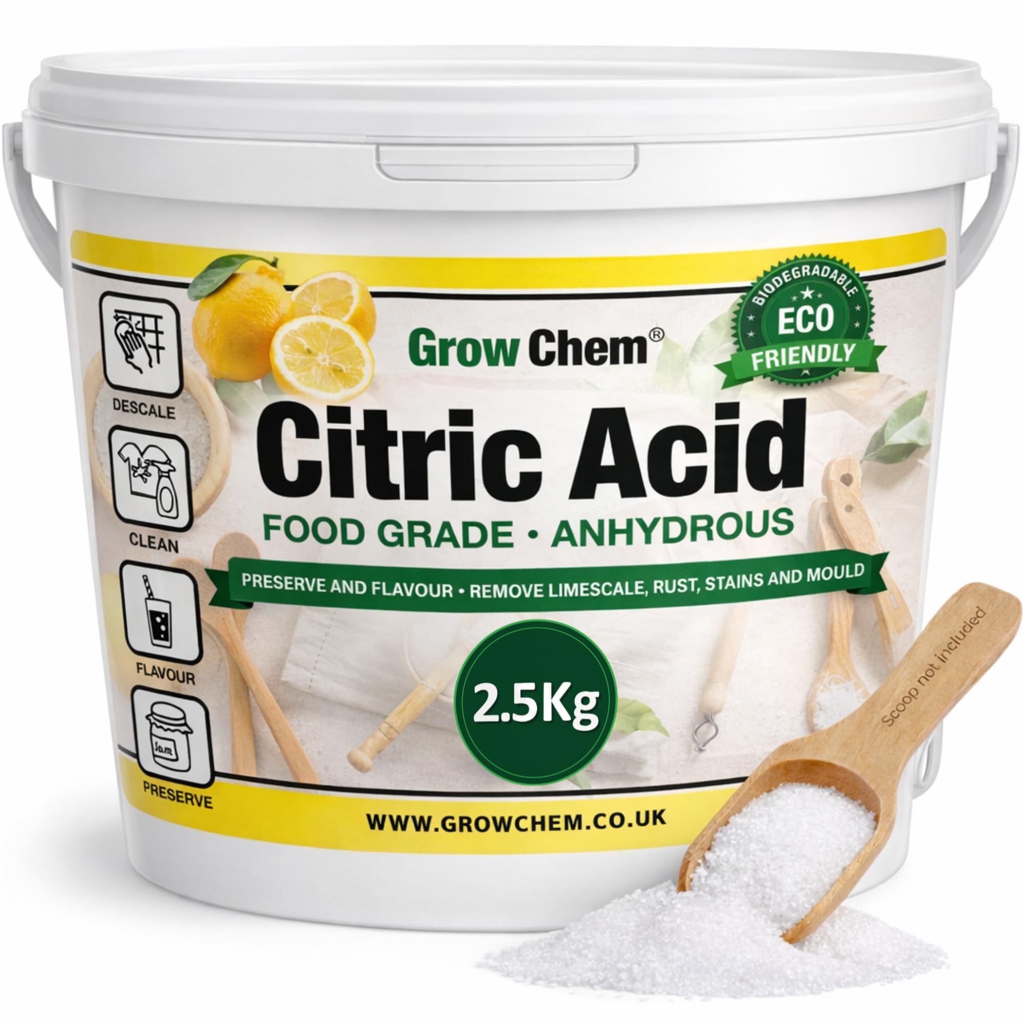 Grow Chem Citric Acid (2.5Kg Bucket) – Pure Anhydrous, Food Grade Citric Acid for Cleaning, Descaling, Food Preservation, Flavouring and making Bath Bombs.