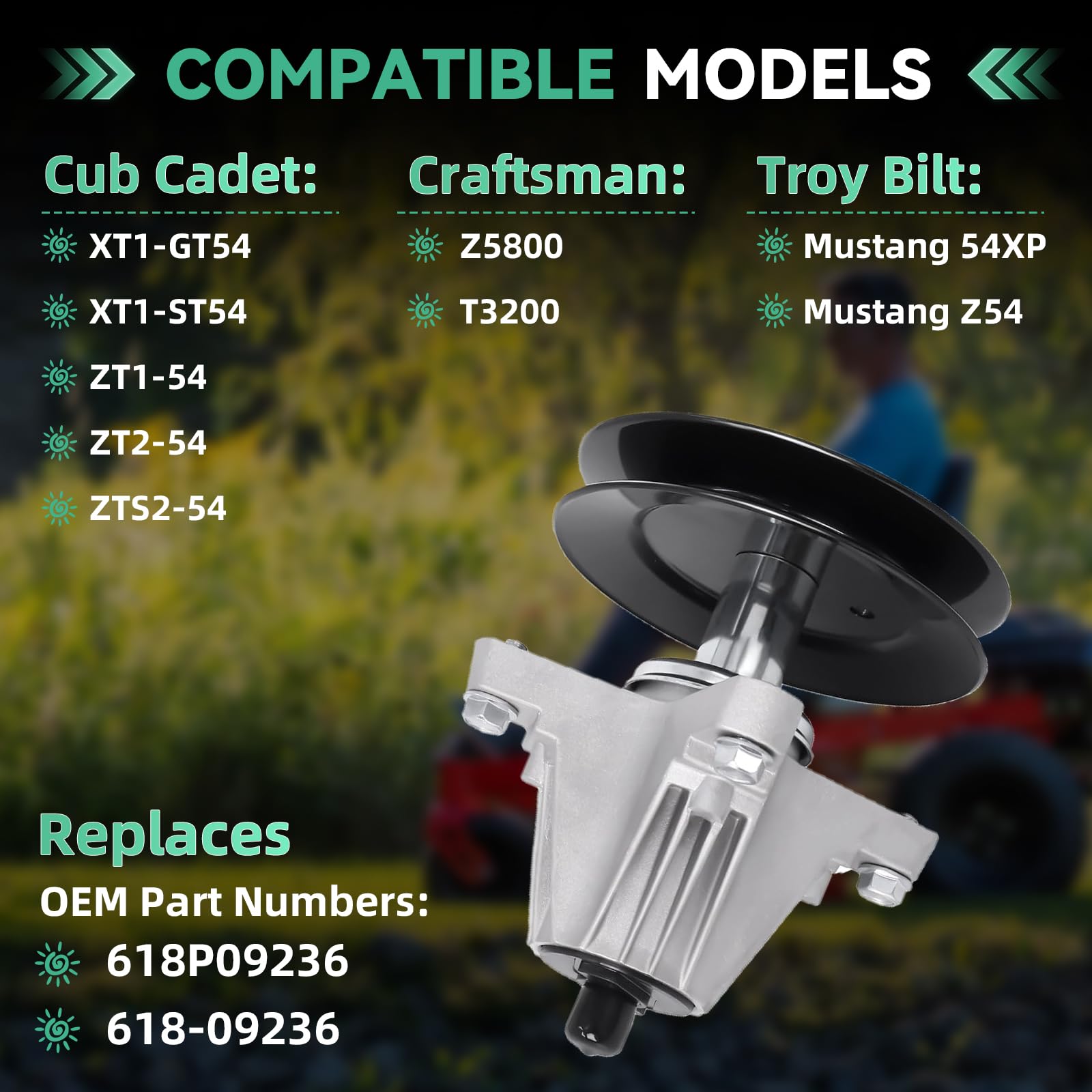 618P09236 - Conjunto de husillo de cortacésped de 54 pulgadas compatible con Cub Cadet ZT1-54 ZT2-54 ZT1-54P XT1-GT54 Craftsman T85 T100 Z5800 137.2 cm Troy-Bilt Mustang Z54 Mustang ang 54XP