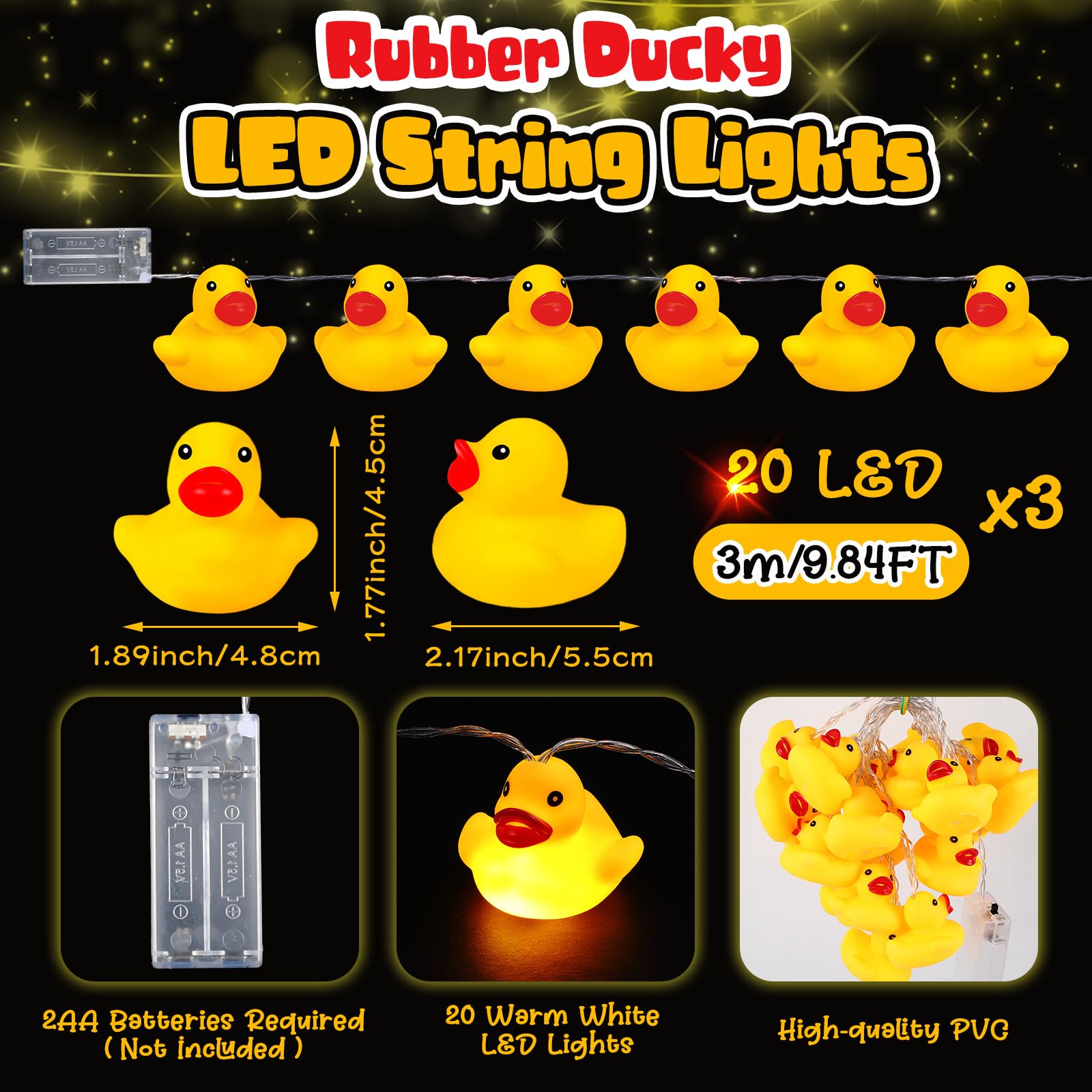 Deekin 60/100 luci LED a forma di anatra in gomma per albero di Natale, a batteria, decorative, per Natale, vacanze, pareti, finestre, cortile, giardino, feste (giallo, 3 pezzi)