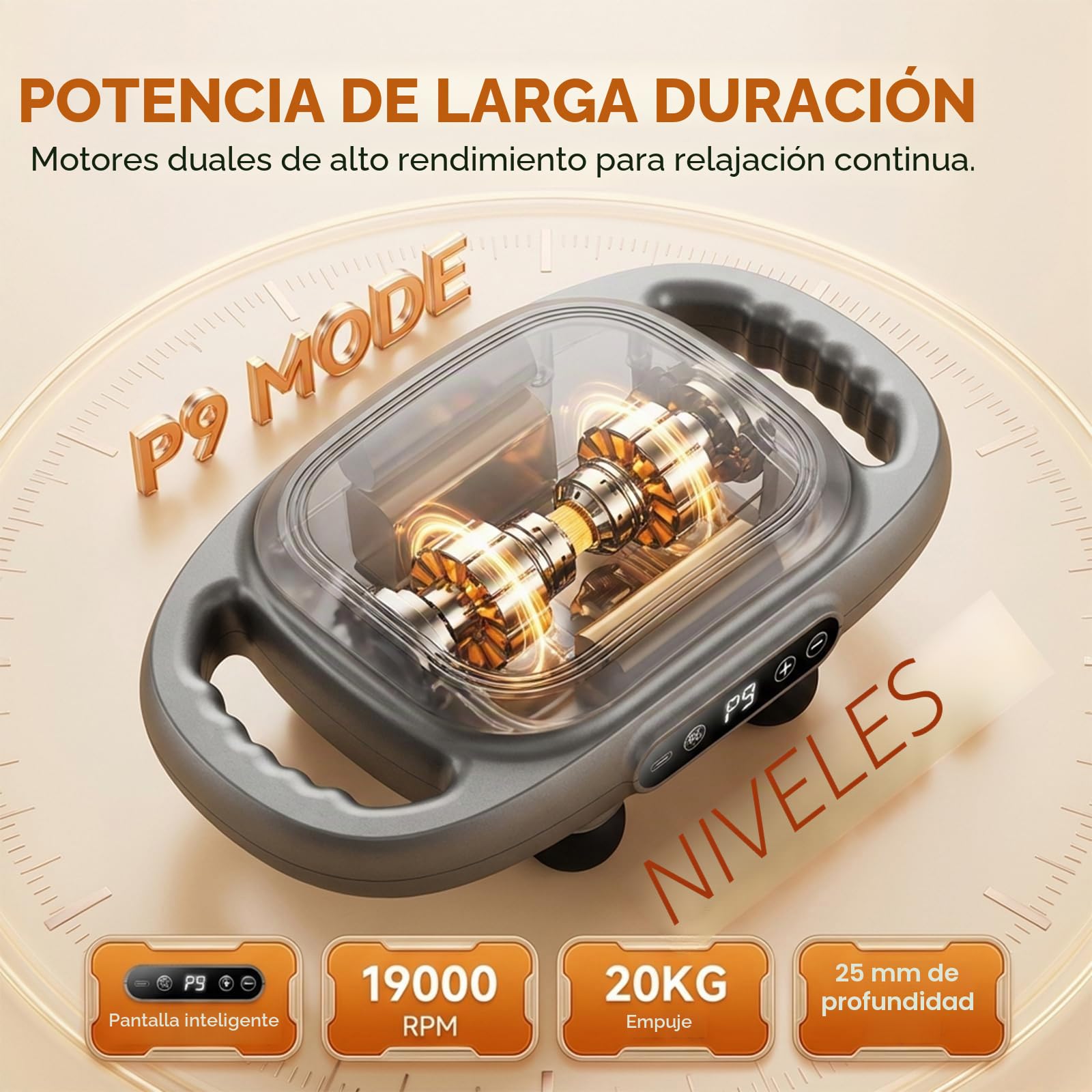 Pistola de Masaje Muscular 12 Cabezales, 25mm Amplitud Profunda, 9 Modos 9 Intensidades 81 Combinaciones, Calor Relajante, 35dB Silencioso, 2600mAh USB-C, para Espalda Piernas Cuello