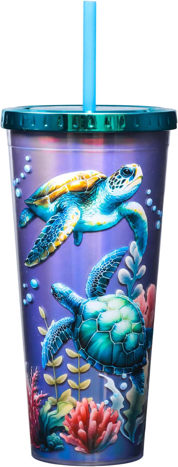 Spoontiques - Acrylic Foil Cup with Straw - 20 oz - Metallic Locking Lid with Straw - Double Wall Insulated - BPA Free - Sea Turtle Foil Cup