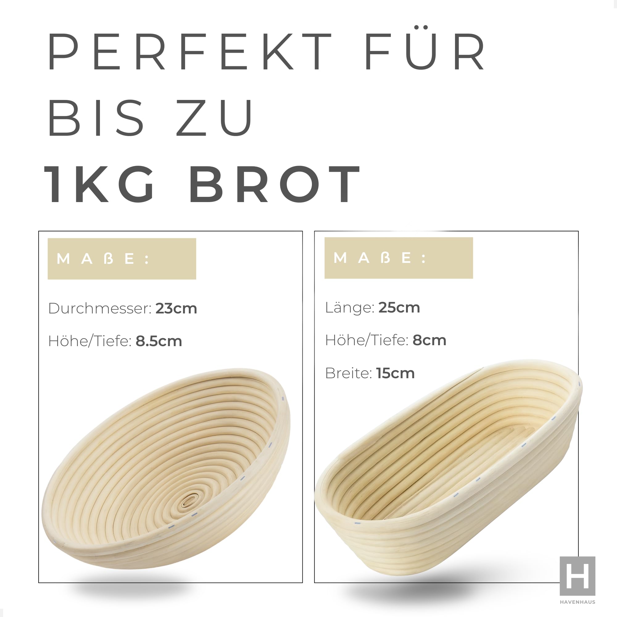 HAVENHAUS Brotbackset XXL | Sauerteig Starter Set mit umfassendem Brot backen Zubehör | inklusive 2x Rattan Gärkorb Brot rund & oval, Sauerteig Zubehör und Dänischer Schneebesen | Brotbackzubehör