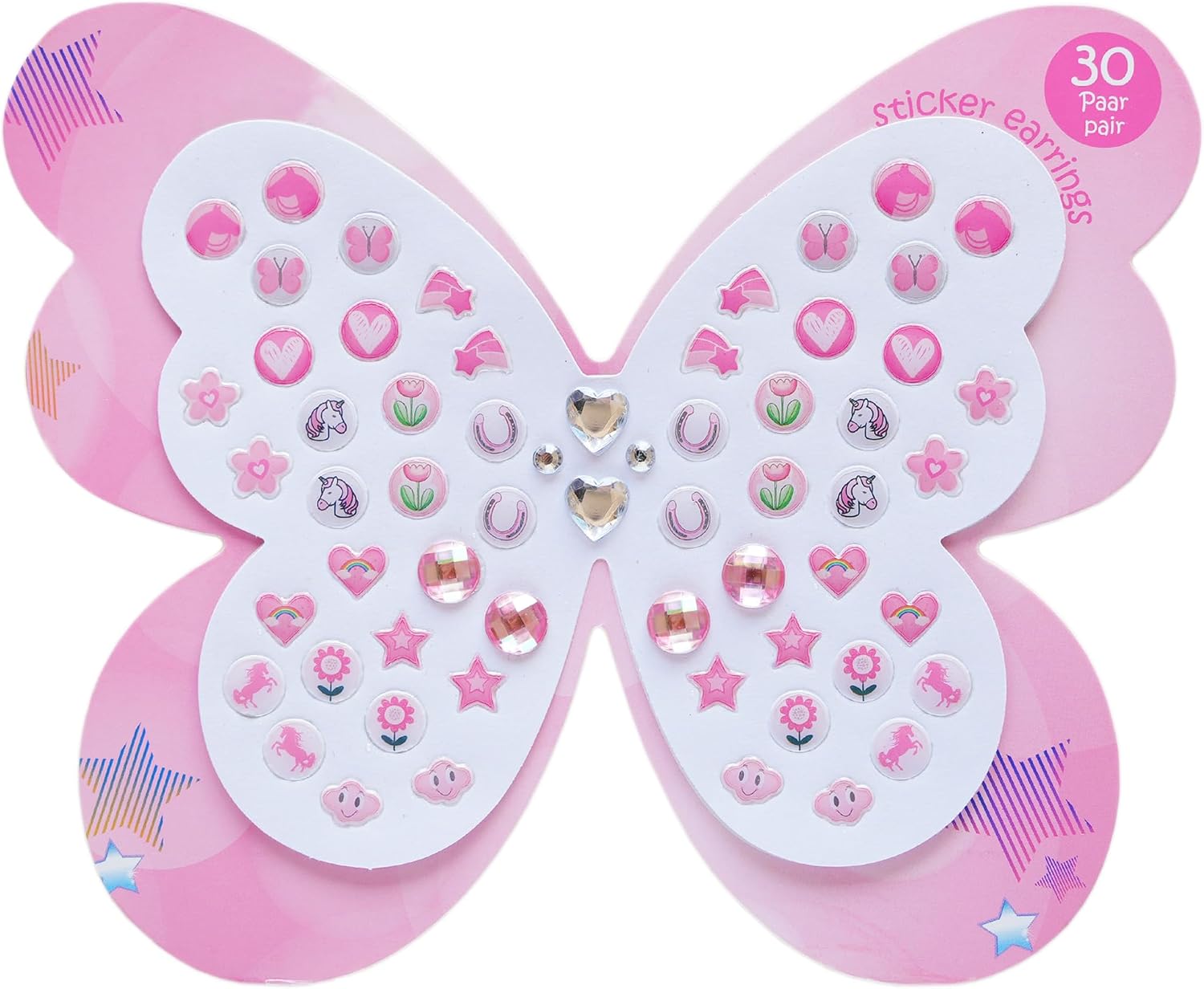 30 Pairs Butterfly Stick On Earrings - Kids Unicorn Rainbow Stick On Earrings for Little Girls 4-6 Sticker Earrings Self-Adhesive Gem Press on Stick on Earrings
