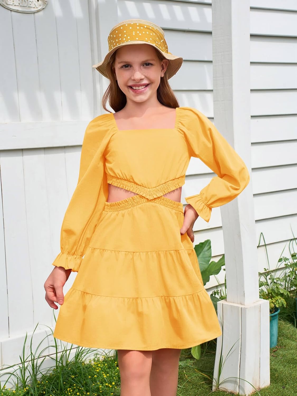 Haloumoning Girls Dresses Long Sleeve Square Neck Crossover Waist Casual A-Line Spring Fall Dress 5-14Y - Image 3