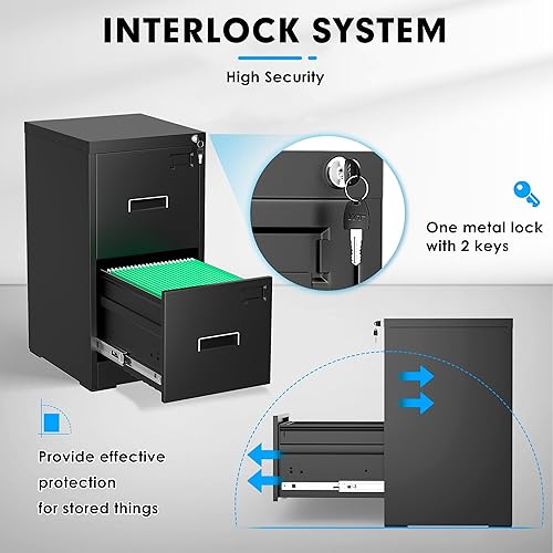 Miniatura 4 de Greenvelly Archivador de 2 cajones, archivador lateral negro con cerradura, archivadores de oficina para tamaño legalcartaA4F4 con archivos