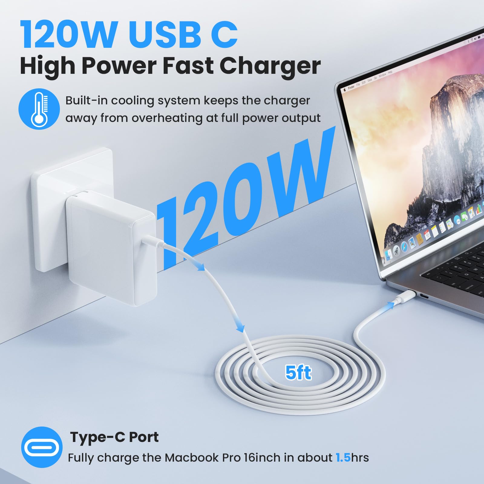 MacBook Pro/Air Charger - 120W USB-C Fast Charger, Compact Laptop Charger Adapter Compatible with USB-C MacBooks, iPads, Samsung Galaxy and More (White)