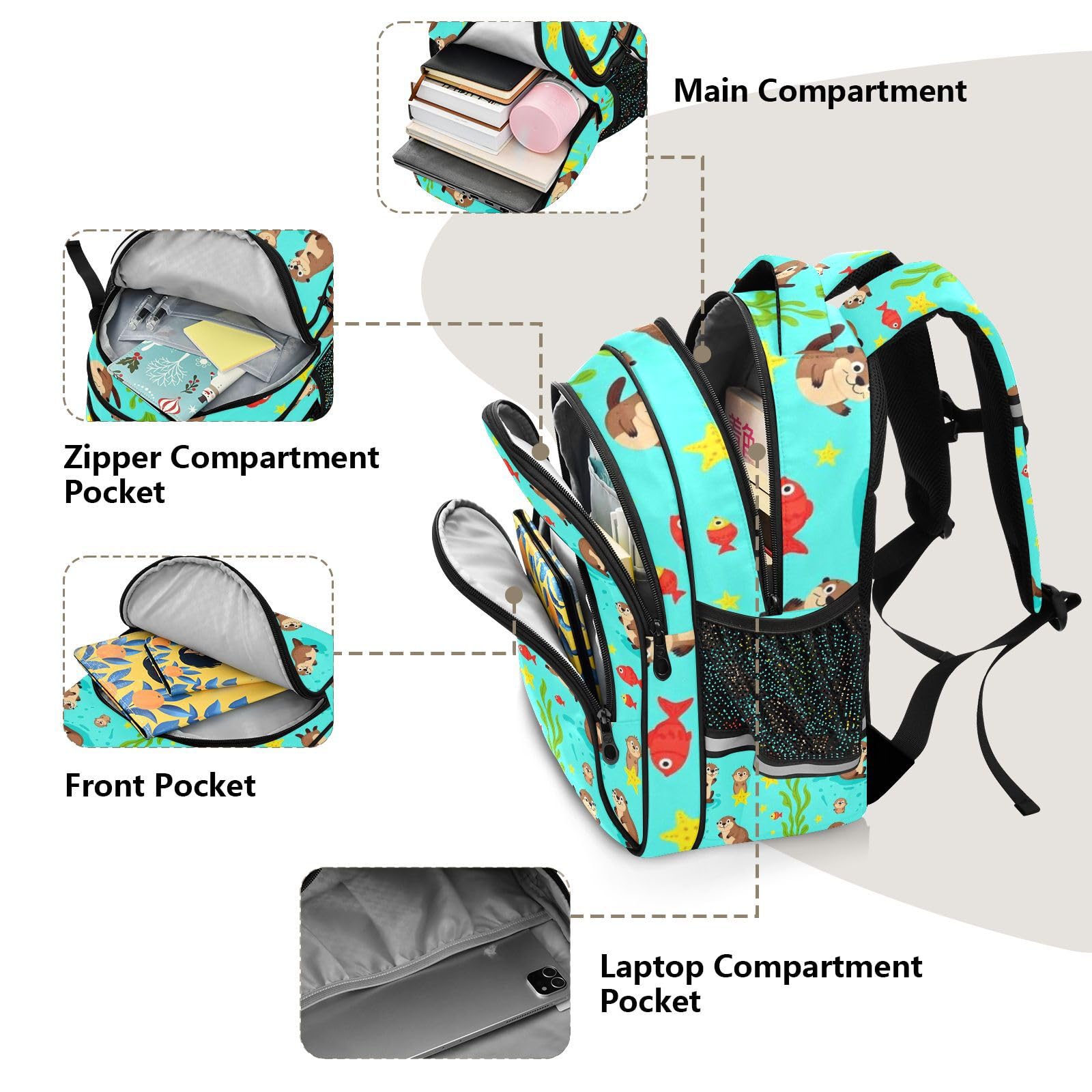 KLL Zaini scolastici per bambini ragazzo/ragazza studente Bookbag bambino zaino da viaggio carino lontre nuoto azzurro