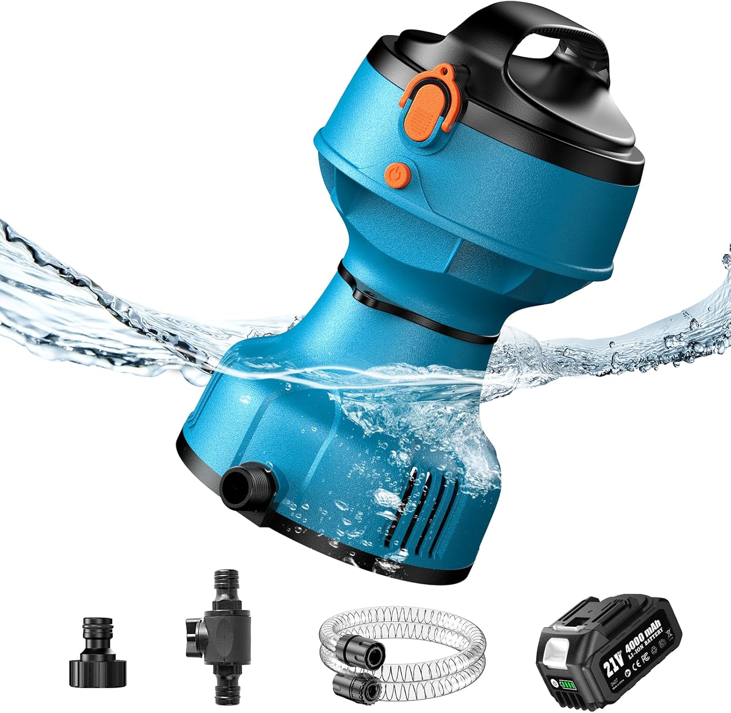 seesii cordless floating water pump - with 4000mah 21v battery & charger, 720gph, 6.56ft water hose, 3/4" outlet, portable utility submersible pump for pool/pond/rv/boat/garden drainage one battery