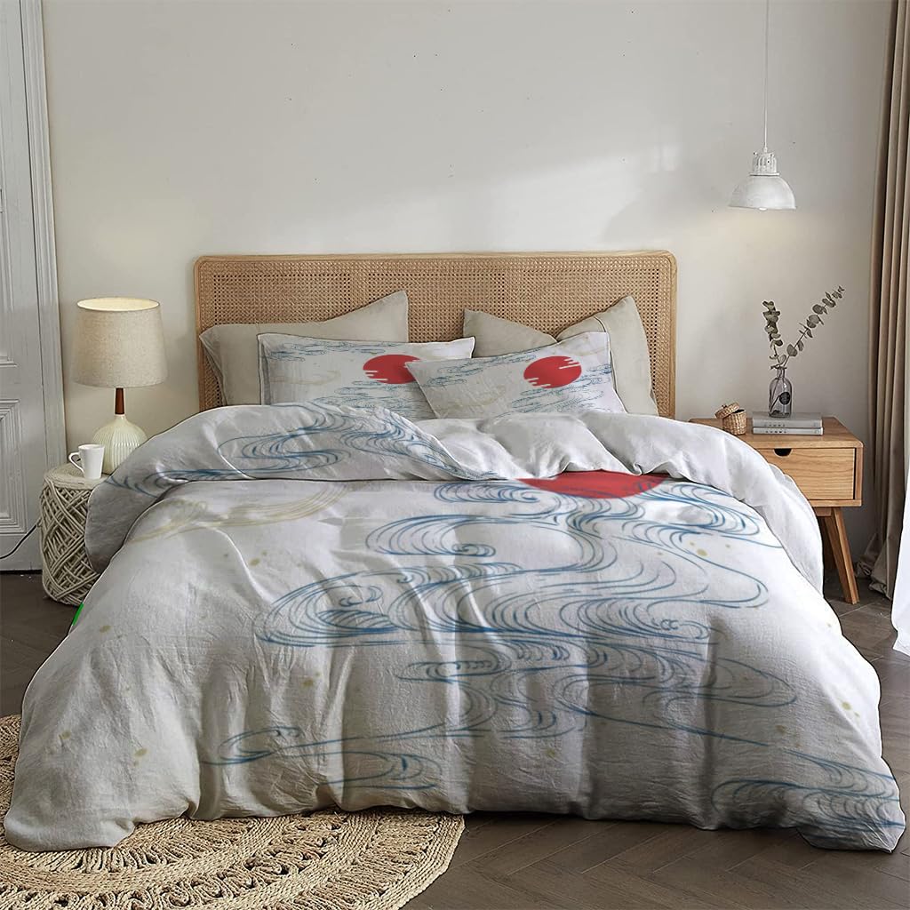 NIBAINLO 布団カバー日本の波と太陽と海 肌に優しい ピーチスキン加工 掛け布団カバー 和式 洋式 あったか 布団カバーセット リバーシブル ホームステイ ホテル 家庭兼用