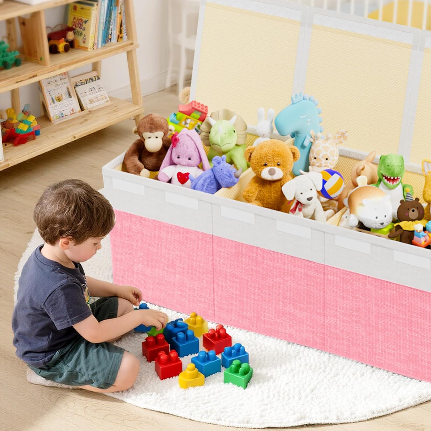 Dayacoco Extra Large Toy Box Chest with Lids, Collapsible Sturdy Kids Toy Storage Organizer Boxes for Boys Girls, Collapsible Sturdy Toys Chest Storage Organizer Bin Basket,40"X14"X16", Pink & White