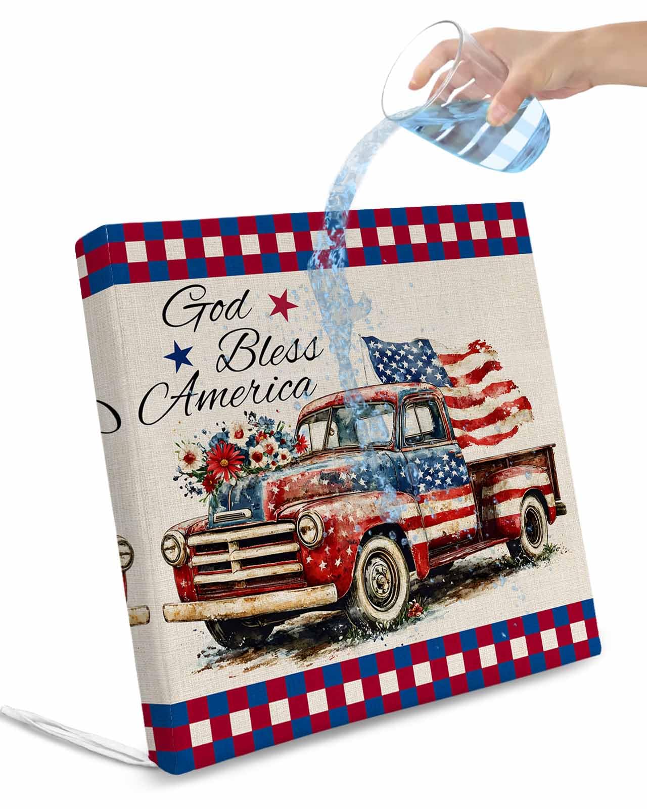 2 Pack 4th of July Waterproof Cushion Covers with Ties, Outdoor Patio Chaise Lounge Chair Seat Cushion Slip Covers Replacement(Only Cover) Independence Day Truck Red Blue Rustic 22