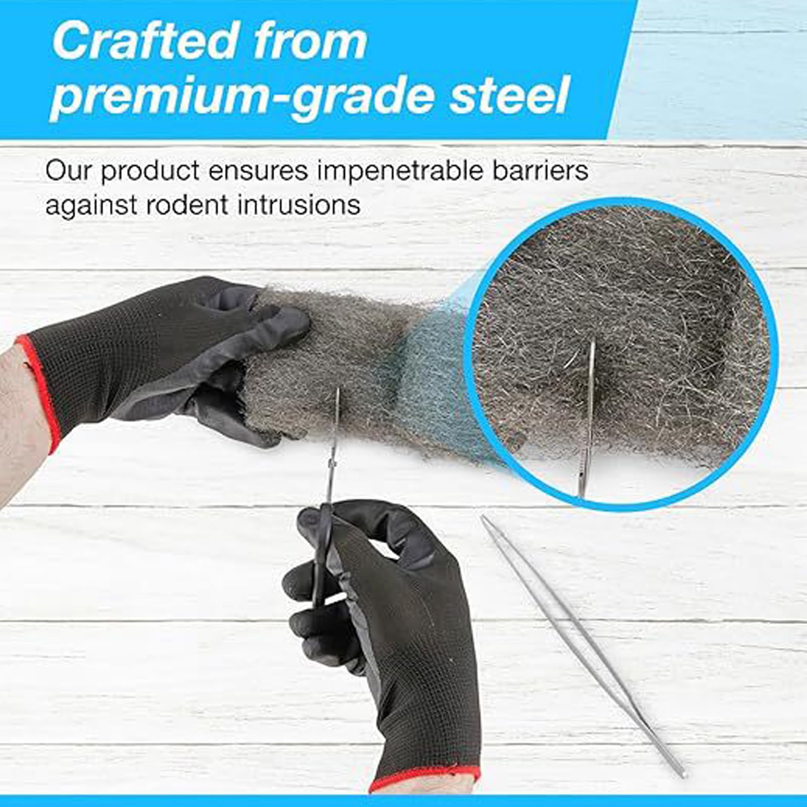 VBNZBK 10 M De Laine D'acier Fine 0000 Contre Les Rongeurs Pour Trous Et Fissures Murales – Avec Gants