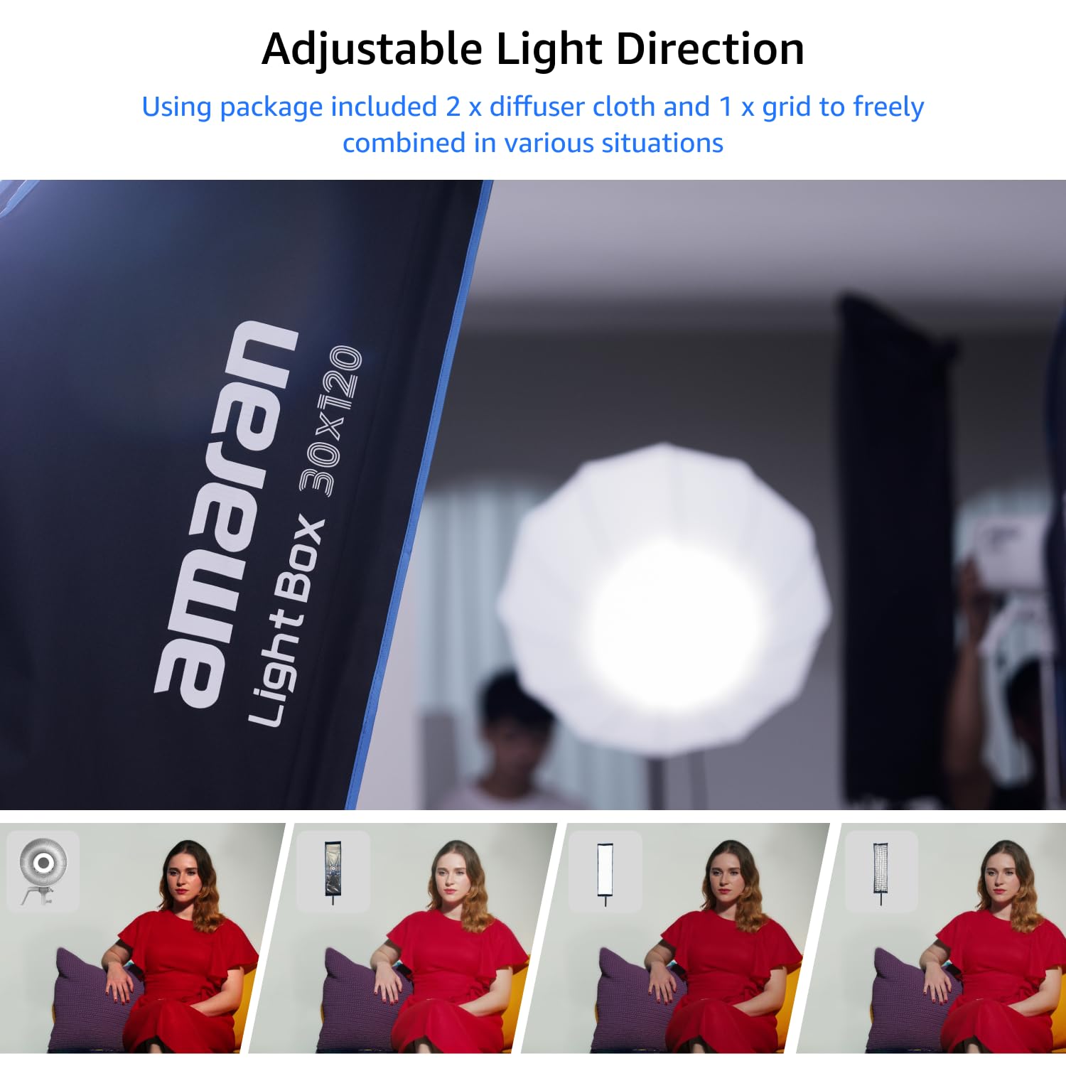 Amaran Light Box 30x120cm Softbox con Attacco Bowens, Modificatore di Luce Rettangolare Stretto con Diffusore & Griglia per Fotografia di Ritratto & Video, Portatile con Borsa