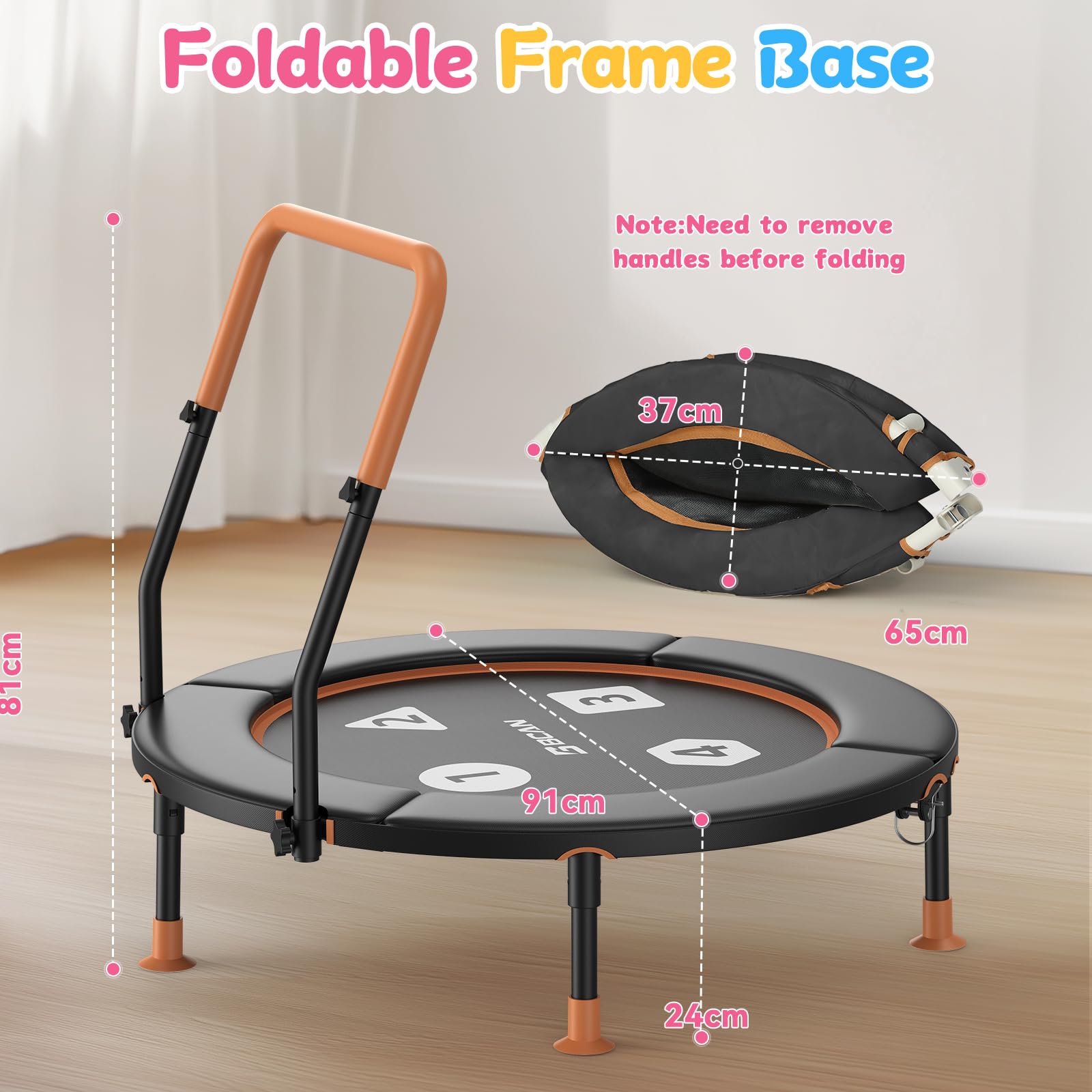 BCAN Trampolino per bambini da 91 cm, manico regolabile, imbottitura di sicurezza e gambe pieghevoli, trampolino per bambini per interni ed esterni, regalo per ragazzi e ragazze