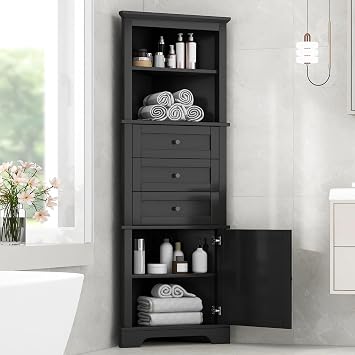 Tall Corner Cabinet with Adjustable Shelves for Bathroom | MDF board, waterproof painted finish, 3 triangle compartments, lower cabinet, metal handles, 23"L x 13.4"W x 68.9"H