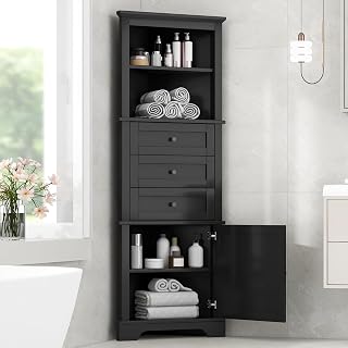 Storage Corner Cabinet with 3 Drawers and Door, Tall Line Pantry Home Space Saver for Bathroom, Living Room, Kitchen, Adjustable Shelf, Black
