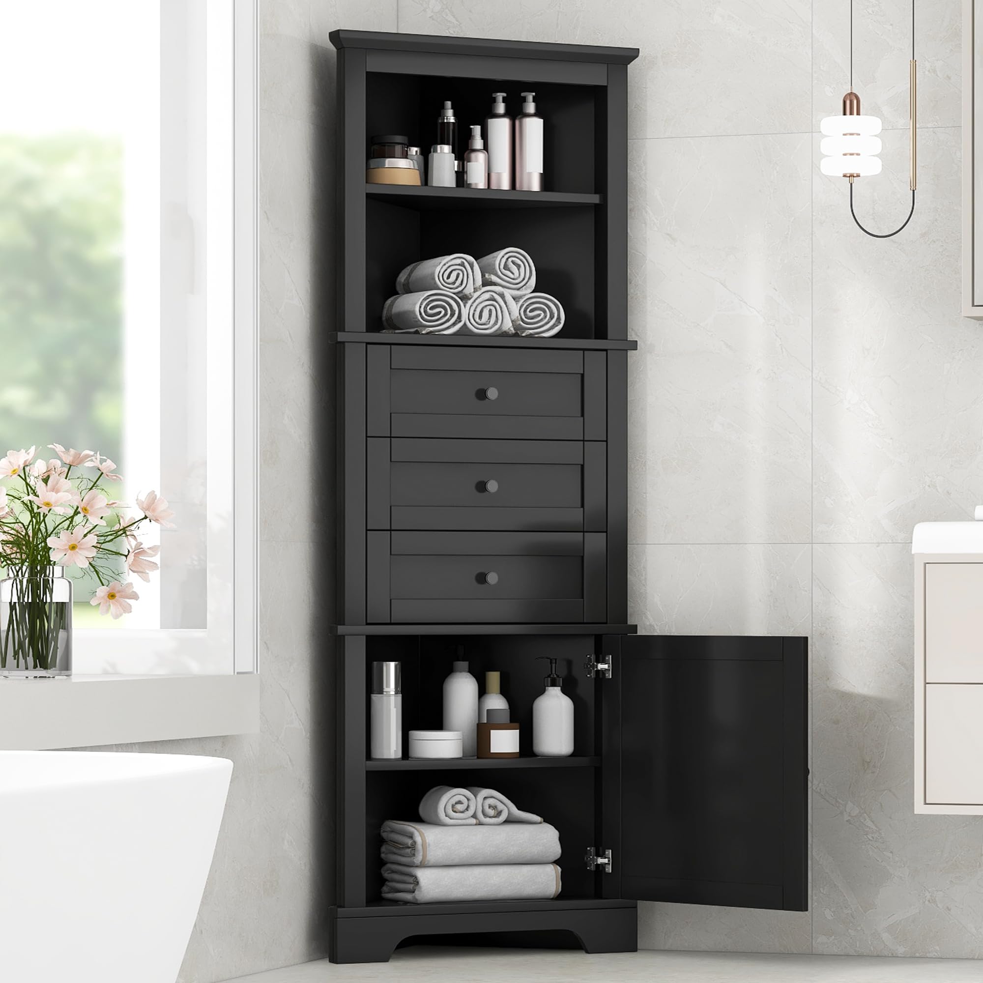 Oevsld Tall Corner Cabinet with 3 Drawers & Adjustable Shelves, Freestanding Bathroom/Kitchen Storage Cabinet, MDF Board (Black+ Medium Density