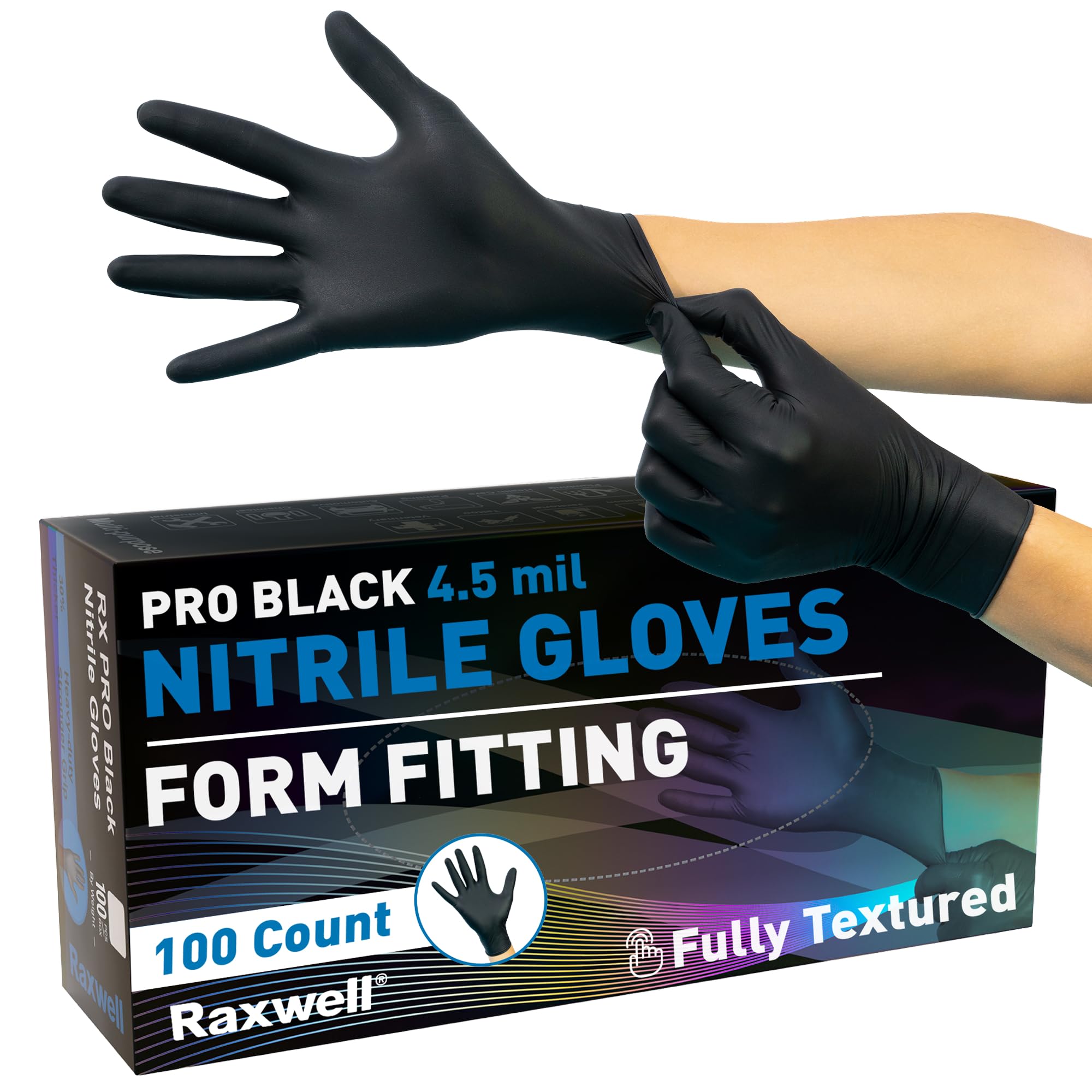 Raxwell Black Nitrile Gloves | Black Gloves Disposable Latex Free 4.5mil Powder Free, Food Safe Gloves, Cooking Gloves