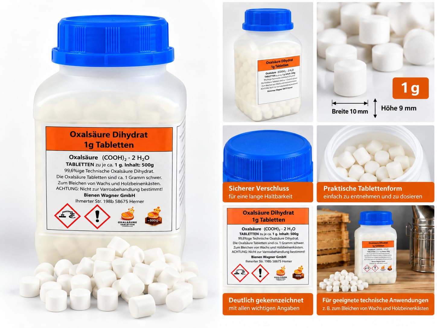Oxalsäure-Dihydrat Tabletten 1 g, 500 g wiederverschließbare Dose zur Reinigung von Bienenbeuten und Wachs für Imker Imkerei Bienen Oxalsäure Tabletten