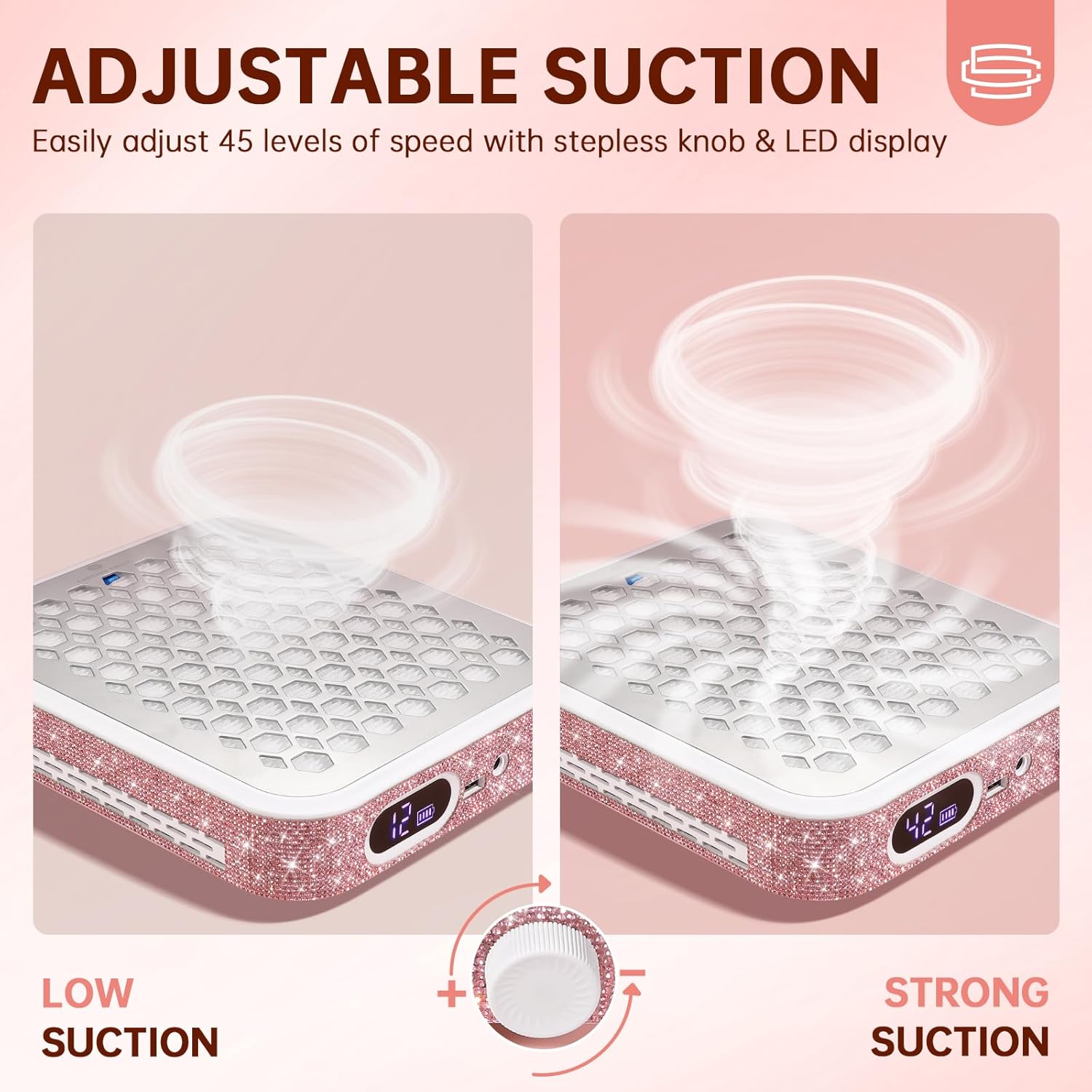 Nail Dust Collector, Rechargeable Dust Collector Nail Tech, Powerful Vacuum Fan Vent Dust Collector Extractor Dust Suction Machine for Acrylic Nails Polishing, Nail Salon&Home, Pink
