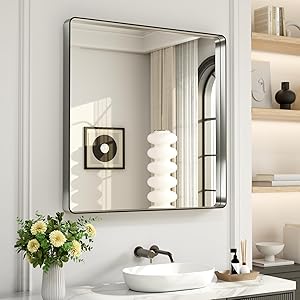 LOAAO 38X38 Inch Brushed Nickel Bathroom Mirror, Rounded Rectangle Silver Metal Frame Mirror, Brushed Nickel, Anti-Rust, Shatter Proof, Hangs Horizontally or Vertically