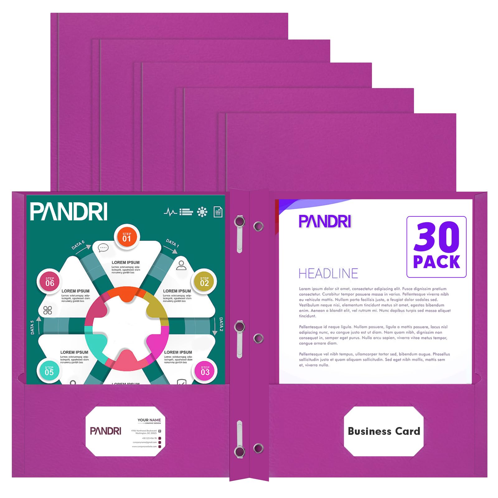 Two Pocket Folders, PANDRI 30 Pack Two Pocket Folders with Prongs, 3 Prong Folders Designed for Office and Classroom, Letter Size Purple