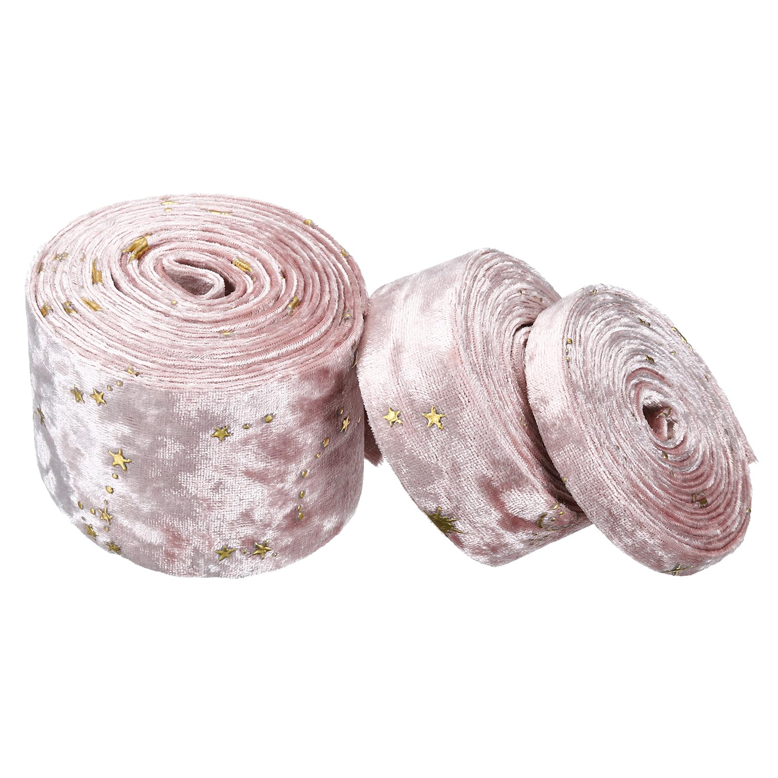 PATIKIL 3/8", 1", 2" Velvet Ribbons Set, 3 Roll 3 Sizes Total 6.6 Yard Double Faced Craft Ribbon with Golden Star for DIY Bow Ornament Gift Wrapping Bouquet Decoration, Pink