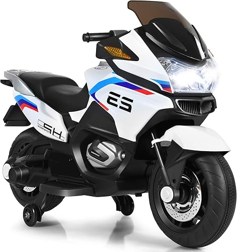 Miniatura 10 de OLAKIDS Motocicleta de 12 V para niños, motor eléctrico con música, pedal de pie, rueda de entrenamiento, luz LED brillante, juguete de triciclo