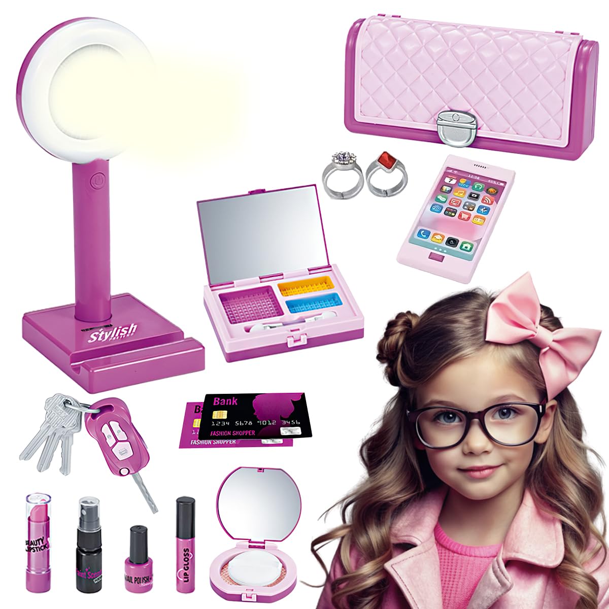 Makeup Set with Light-Up Mirror & Sound Phone Creative Beauty Kit for Imaginative Girls Ages 3+ Complete Makeup & Hair Accessories for Role Pretend Play