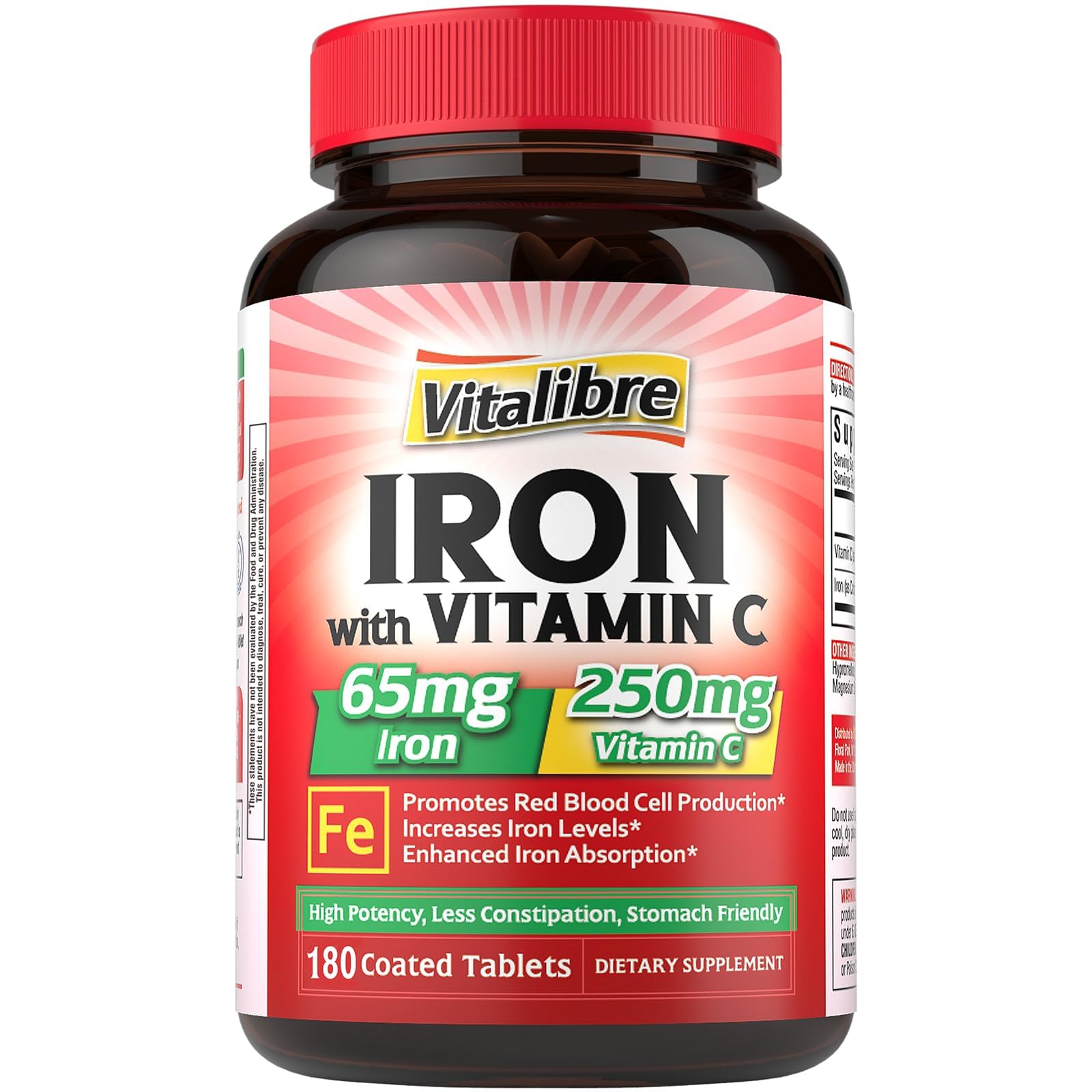 Iron Supplement, 65mg Carbonyl Iron with 250mg Vitamin C, Stomach Friendly 180 Count (Pack of 1)