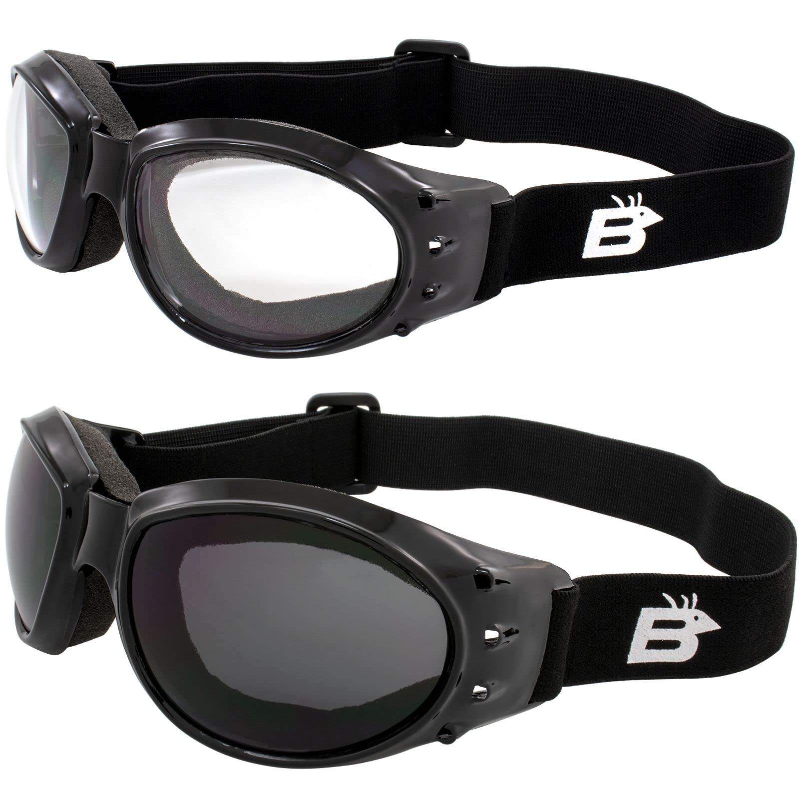 BirdzEyewear Bald Eagle Padded Motorcycle Riding Safety Goggles Motorbike Accessories Black w/Clear & Smoke Lenses Dirt Bikes ATV Skydiving