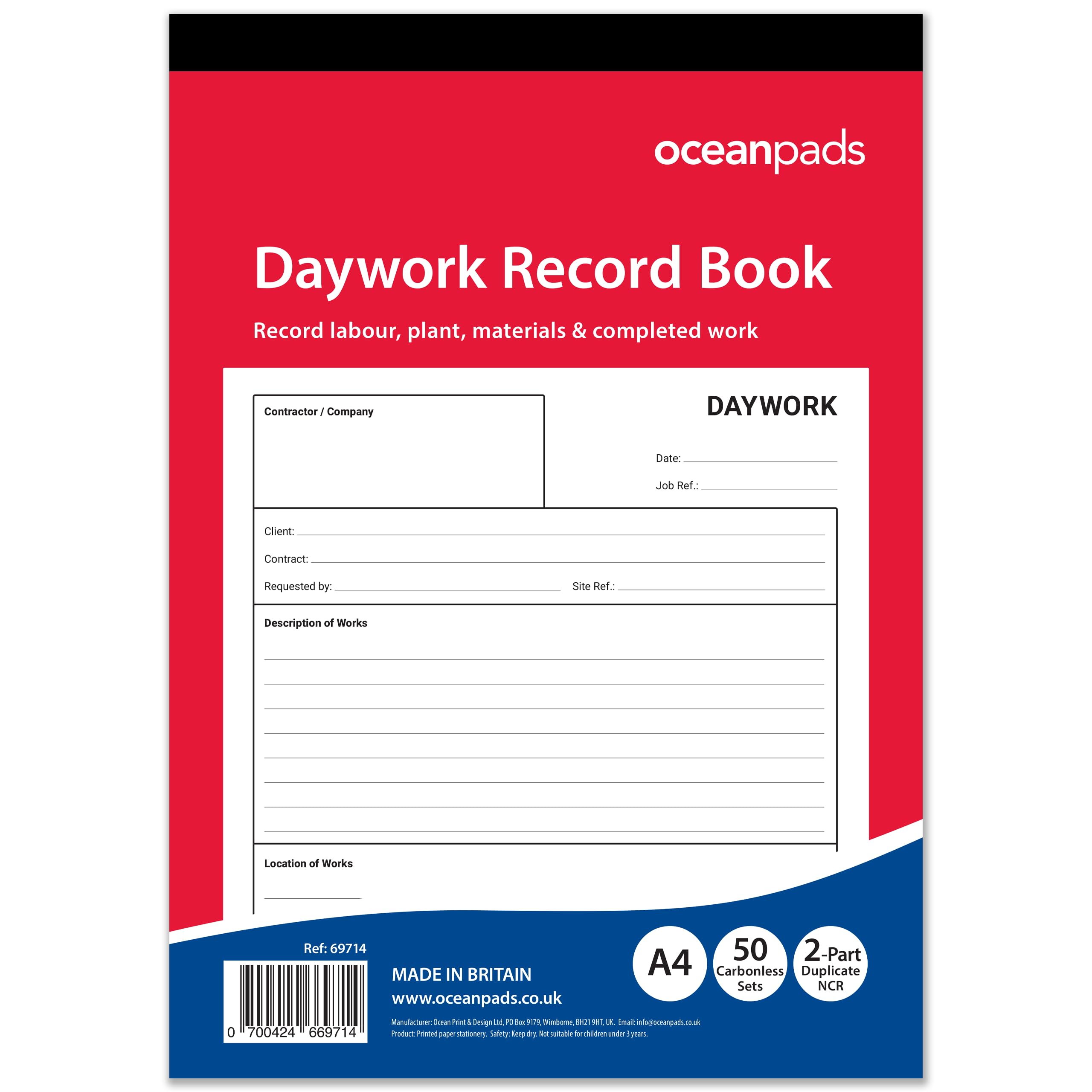 Daywork Record Book A4 | 2-Part Duplicate NCR | 50 Sets