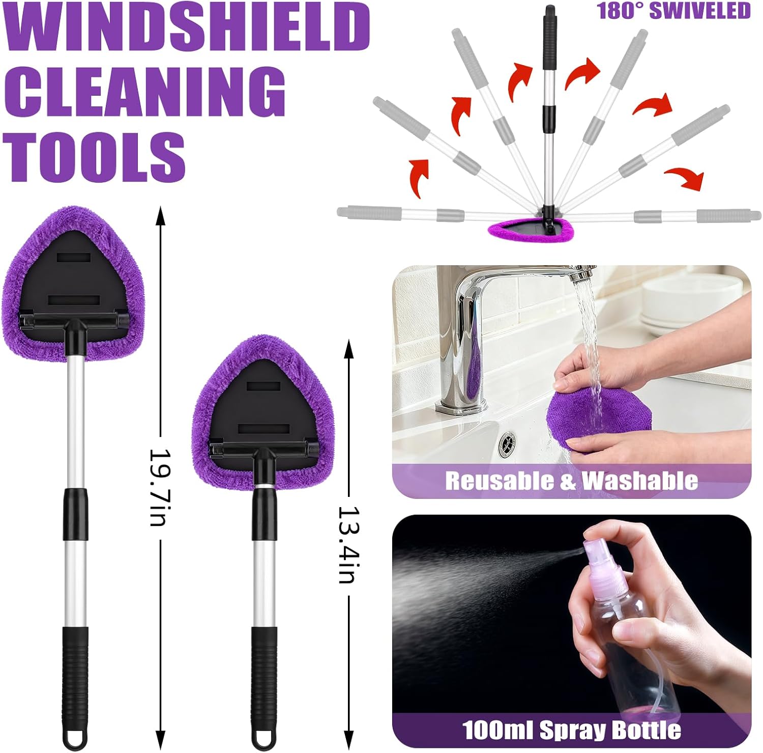 AUTODECO Windshield Cleaner Tool, 17Pcs Car Interior Detailing Kit, Detailing Brush, Towels, Duster, Car Cleaning Kit Interior for RVs, Truck, Trailer (Purple)