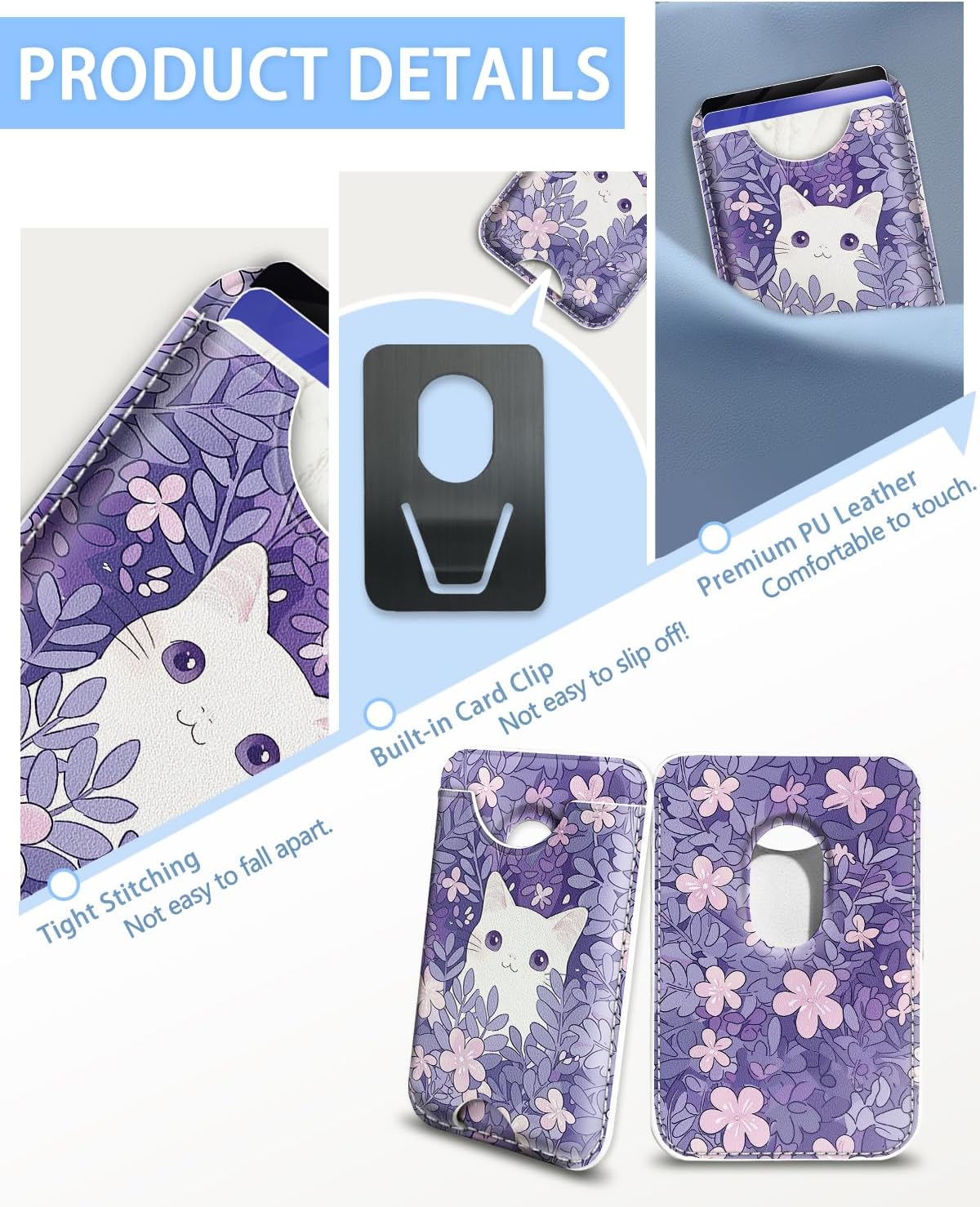 for Magsafe Magnetic Phone Wallet, White Cat Magnetic Credit Card Holder Case, Slim RFID Vegan Leather Magnet Wallet Women, Stick on Back for iPhone 16 15 14 13 12 Pro Promax, 3 Cards image 4