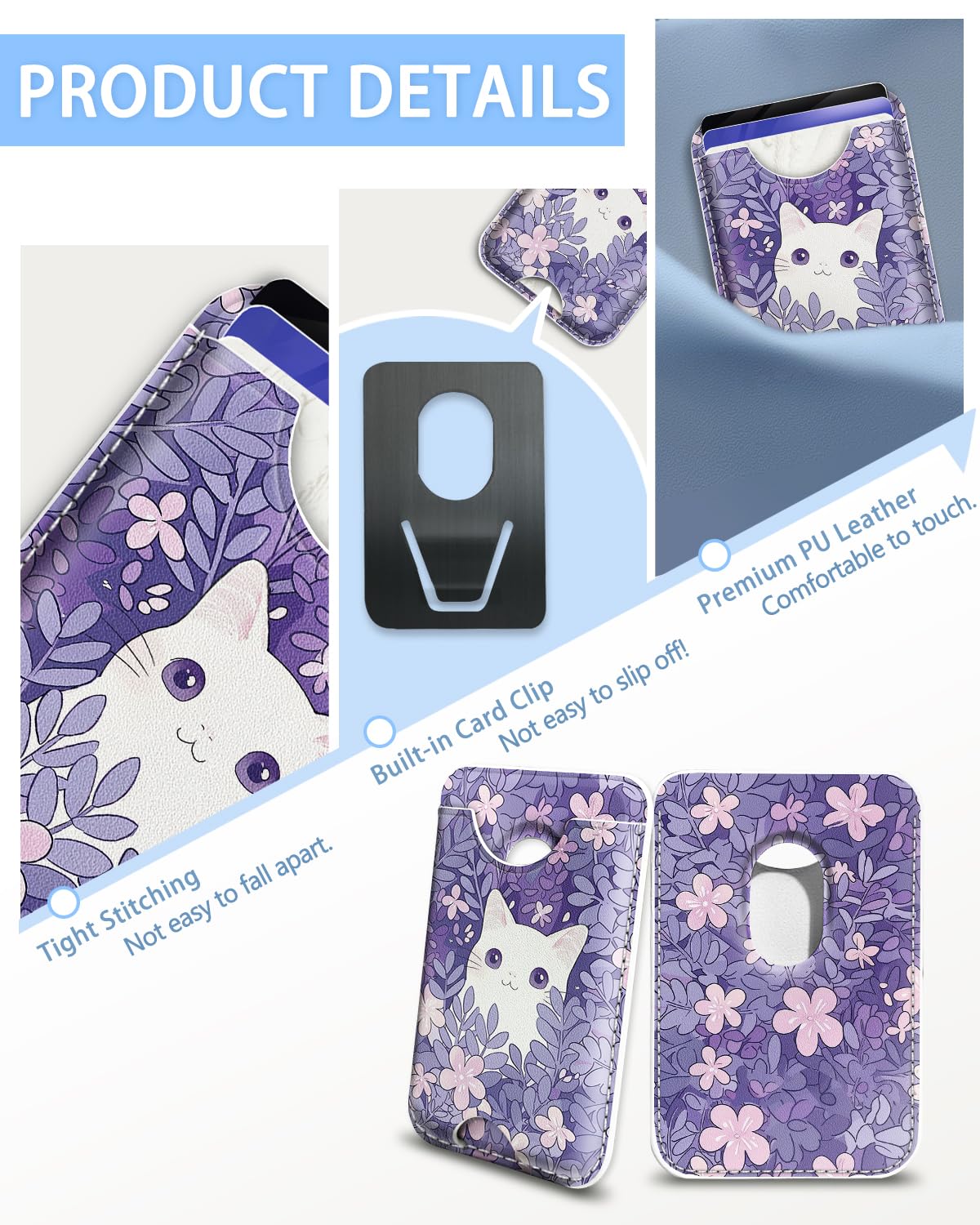 Magsafe - Cartera magnética para teléfono, diseño de gato blanco, funda magnética para tarjetas de crédito, delgada RFID de cuero vegano, cartera magnética para mujer, se pega en la parte