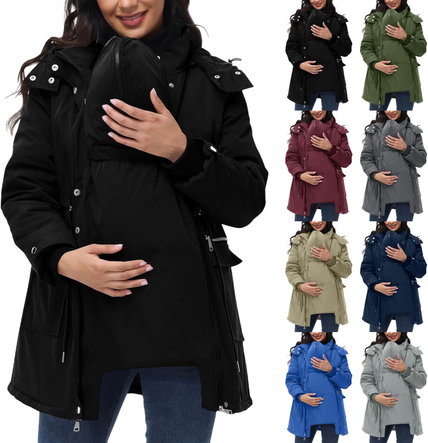 Maternity 3 in 1 Winter Coats Waterproof Removable Winter Coats Quilted Lined Puffer Jacket Warm Hooded Parka Outwear