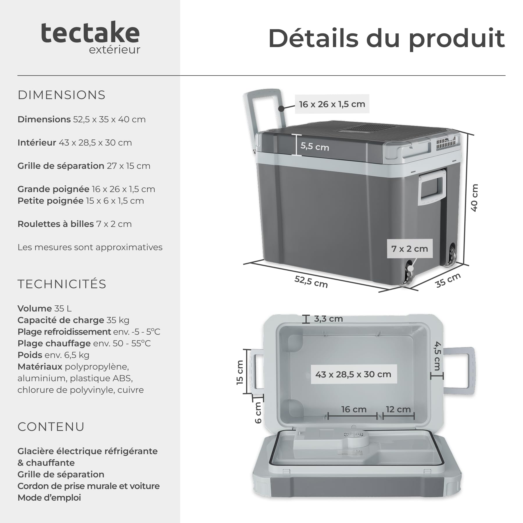 tectake® Glacière électrique 2en1 réfrigérante et chauffante 35L, Poignées et roulettes, Mode ECO, Connexion secteur 220V, Allume cigare 12V, Glaciere electrique 52,5x35x40cm Camping Pique nique Plage