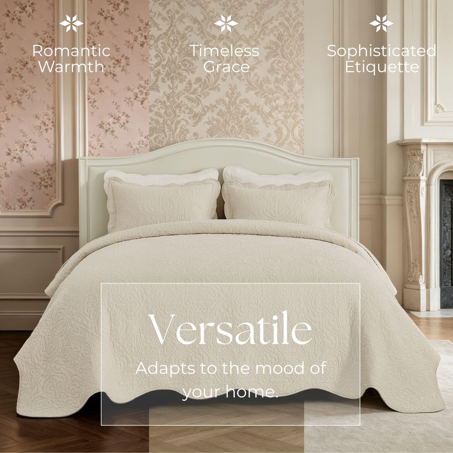 DOWN HOME 100% Cotton Sateen Quilt Set | Silky Soft & Breathable | Elegant Medallion Damask Pattern | Lightweight Cotton Fill | All-Season Bedding | Queen Size 3-Piece Set, Vanilla Beige, 86"X90"