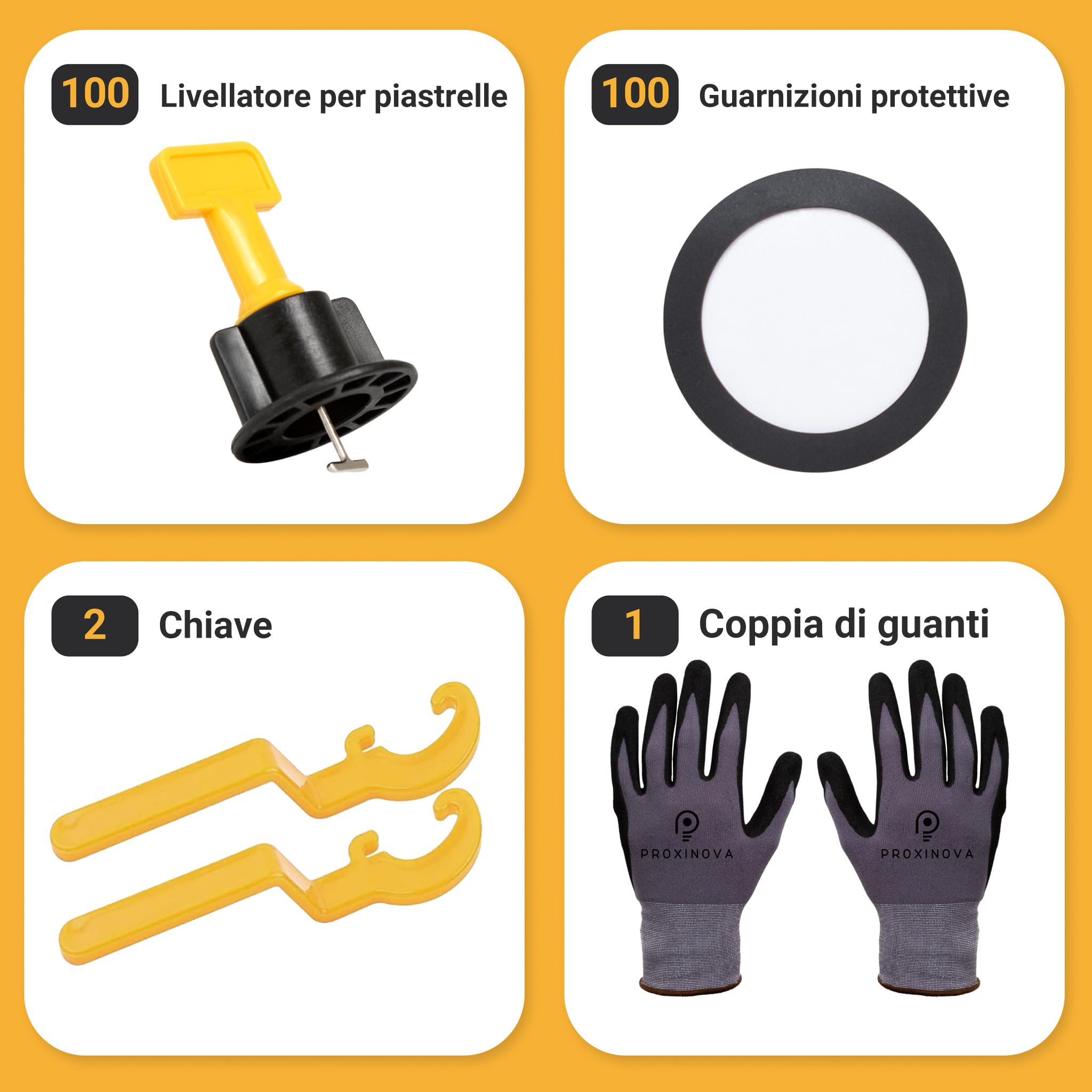 Kit Sistema di Livellamento Piastrelle Proxinova 100pcs, Distanziatori per Piastrelle, Sistema Anti-Graffio, 2 Chiavi, Guanti da Lavoro, 100 Perni