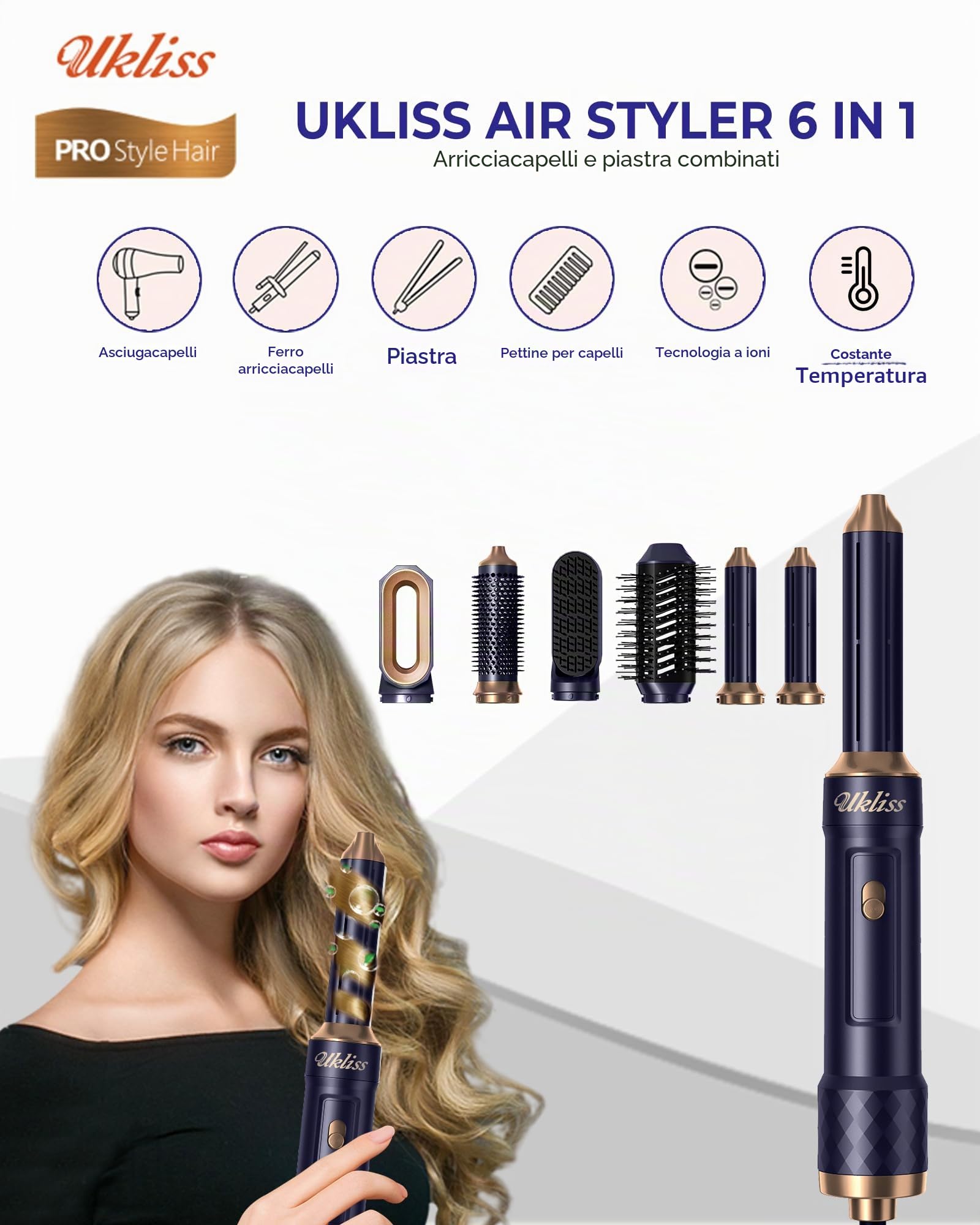 UKLISS 6 in 1 Airstyler, Spazzola Asciugacapelli & Hairstyler Set con Arricciacapelli Automatico, Phon per Capelli, Thermal Brush, Spazzola Lisciante per Capelli, Regali per Donne Styling - Blu