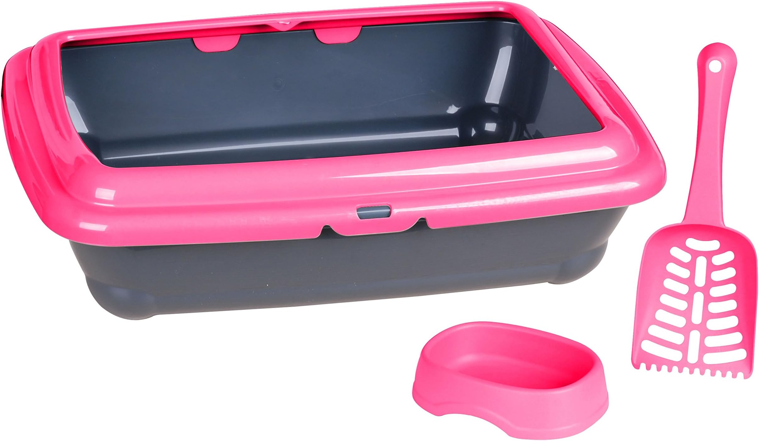 Click & Secure Basic Large Cat Litter Tray 45 x 35cm/18 x 14", Flat & Deep Rectangular Litter Box Loo with Rim, Kitty Litter Scoop and Food/Water Bowl Designed & Made in Italy for Adult Cats Pink