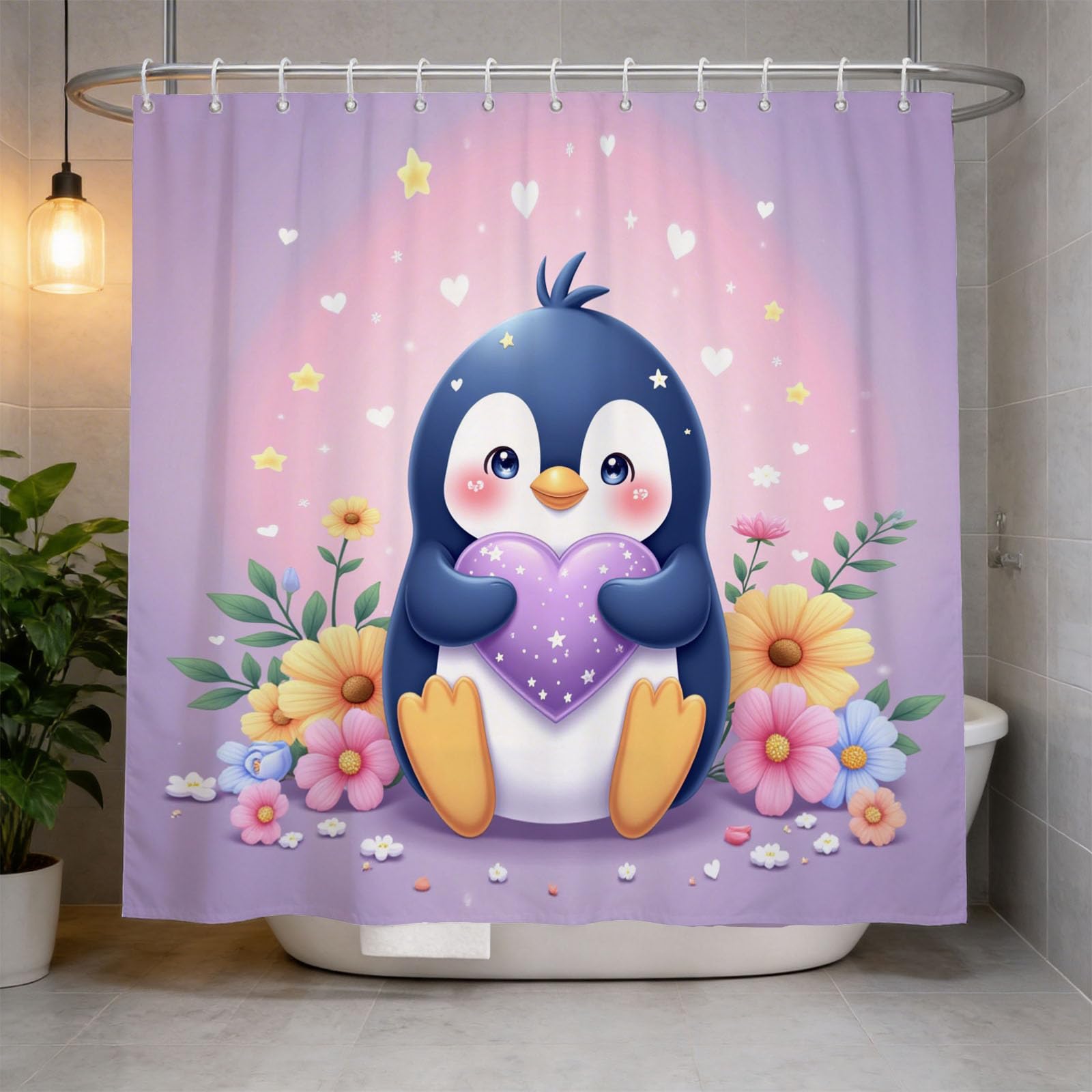 Hongduo 3D Penguins Shower Curtain for Stalls Bathtubs Floral Pattern Bathroom Decor Shower Curtain Set Polyester Fabric Waterproof 180x200cm/71X79 Inch with Hooks