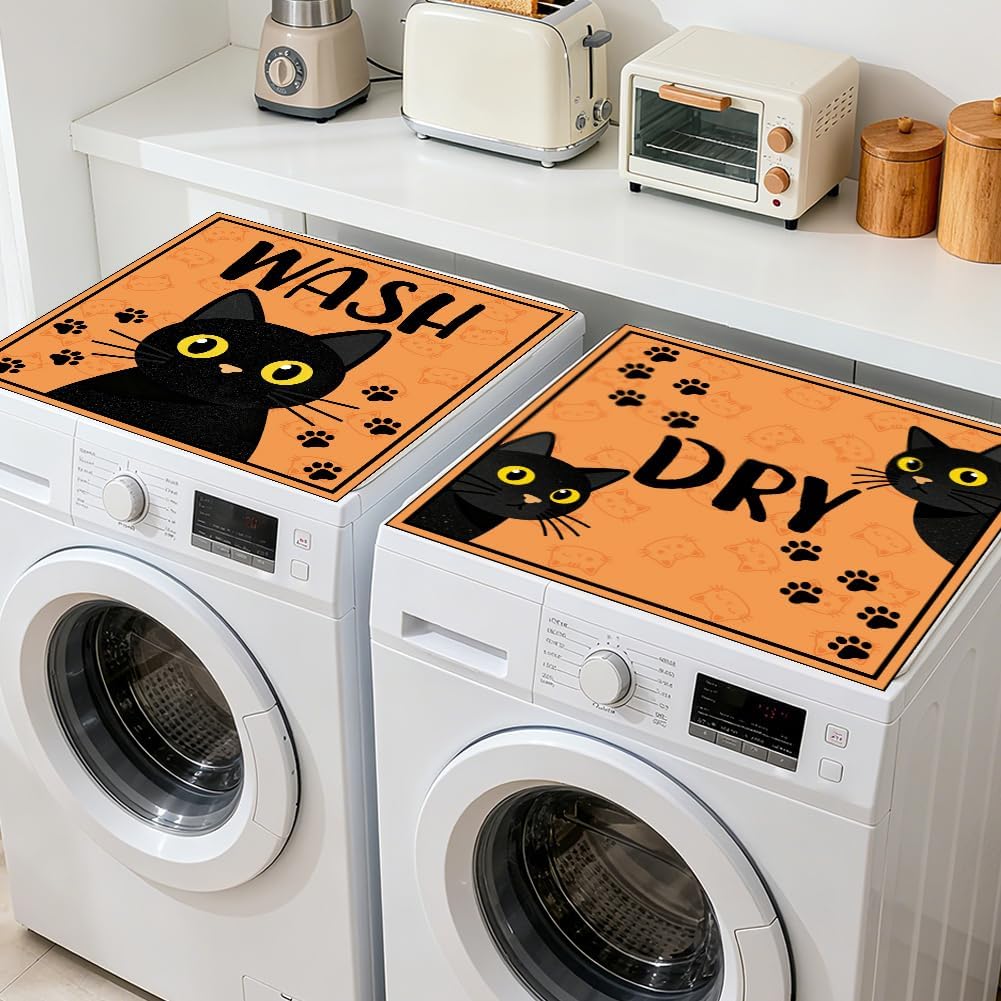 GLOBLELAND 2 Pcs Black Cats With Yellow Eyes Washer Dryer Dust Cover 23.6×23.6 inch Washing Machine Top Protector Pads Non Slip Washing Machine Top Covers for Laundry Room Living Room Table