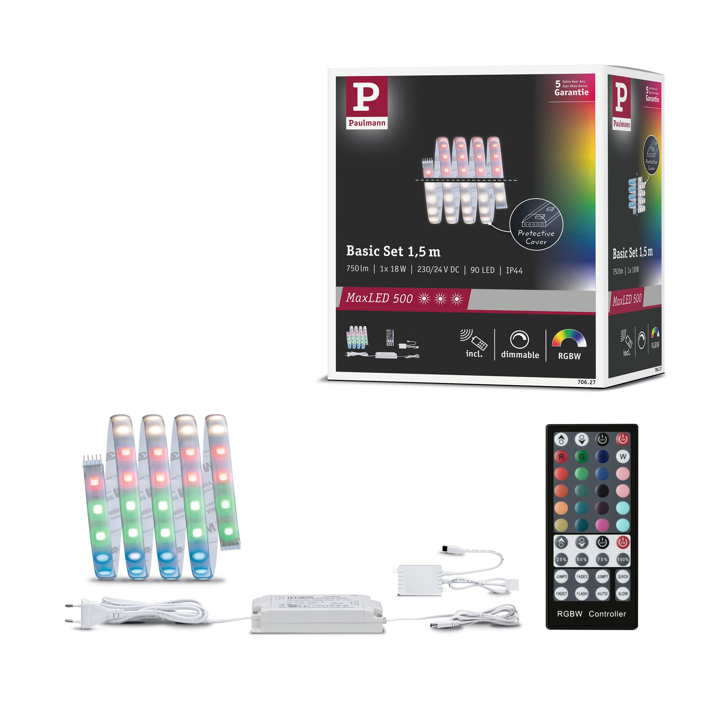 Paulmann 70627 Juego básico MaxLED RGBW strip LED con recubrimiento 15 m tira de luz 18 W con función de cambio de color mando a distancia incluido