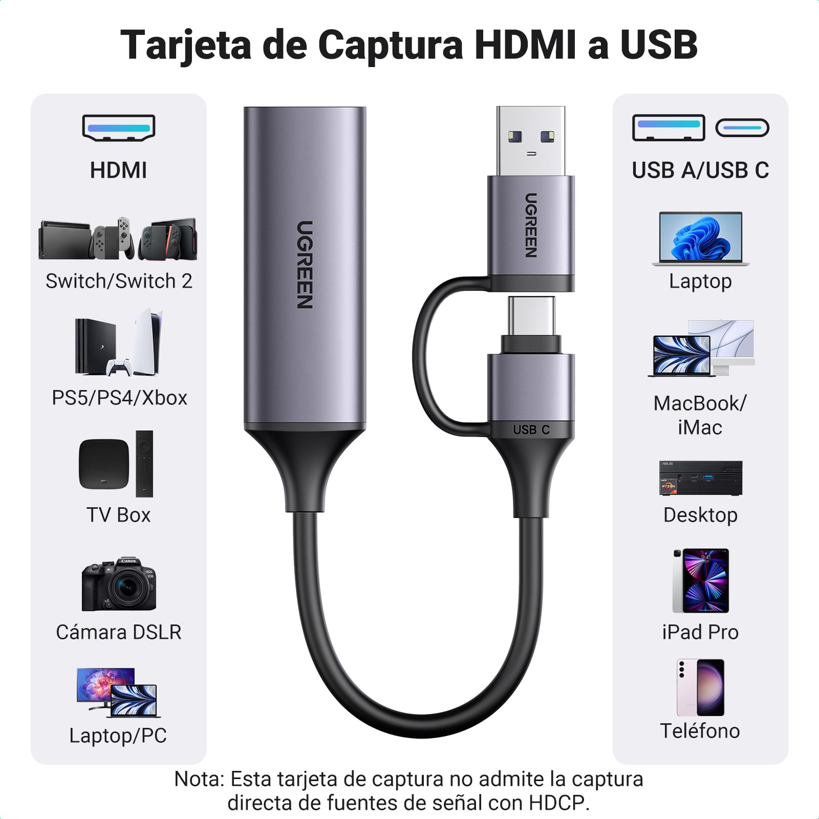 UGREEN HDMI Video Capture 4K 1080P HD 60FPS Ingresso USB C Scheda di Acquisizione per Streaming Gaming OBS Compatibile con PC Switch PS5 Xbox MacBook iPad Camera