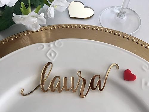 Amazon Com Gold Wedding Place Cards Personalized Acrylic Laser Cut Names Place Name Settings Guest Name Tags Wedding Signs Calligraphy Modern New Font Wood Decorations Wooden Centerpieces Dinner Party Decor Handmade