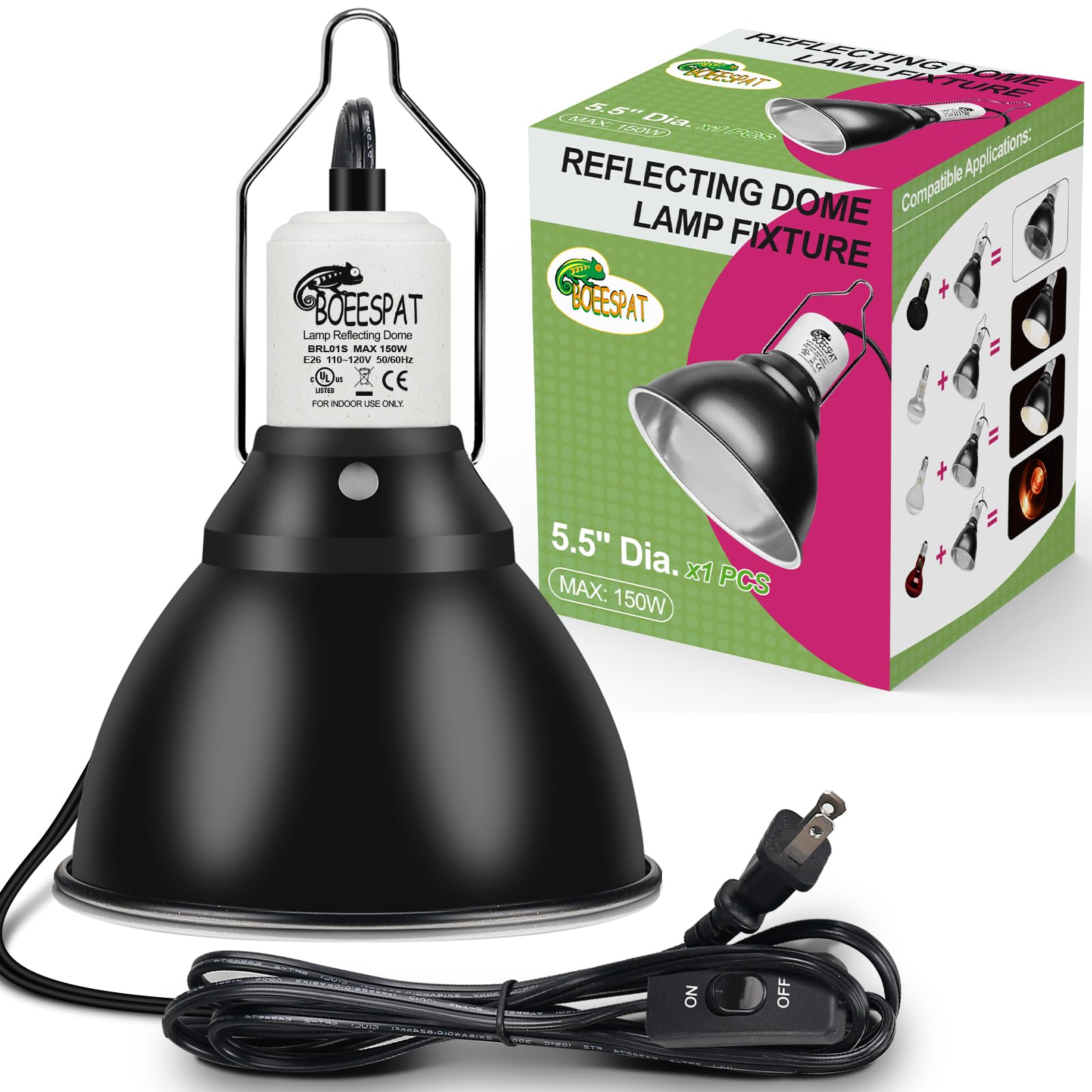 Reptile Lamp Bulb Fixture 5.5 Inch Deep Dome with Switch - Ideal for 60W/75W/100W/150W Heat Lamp Bulbs, Compatible with All E26 UVA/UVB/Basking Heat Bulbs, Supports Up to 150 Watts