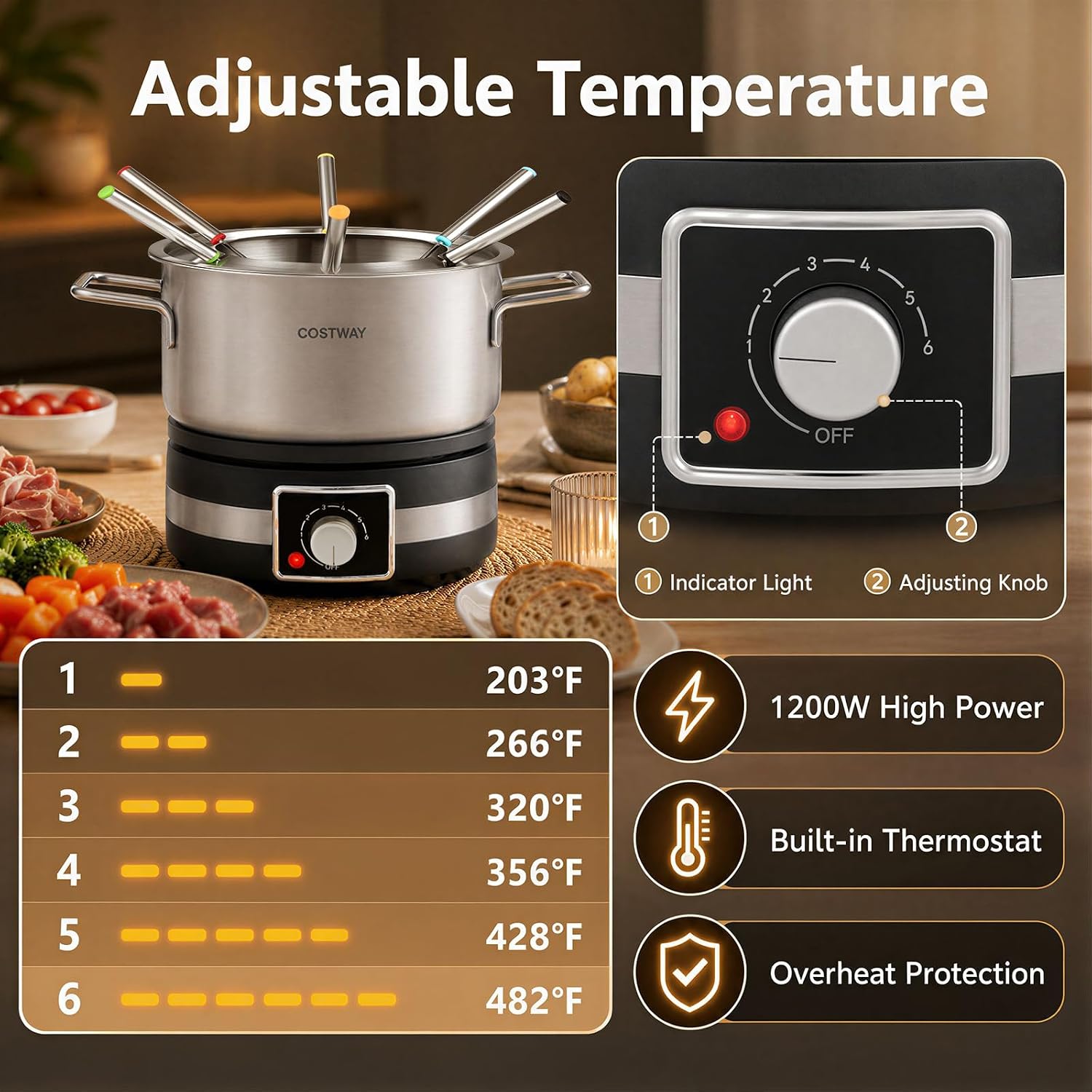 COSTWAY 1200W Electric Fondue Pot Set, 2.6 QT Large Capacity