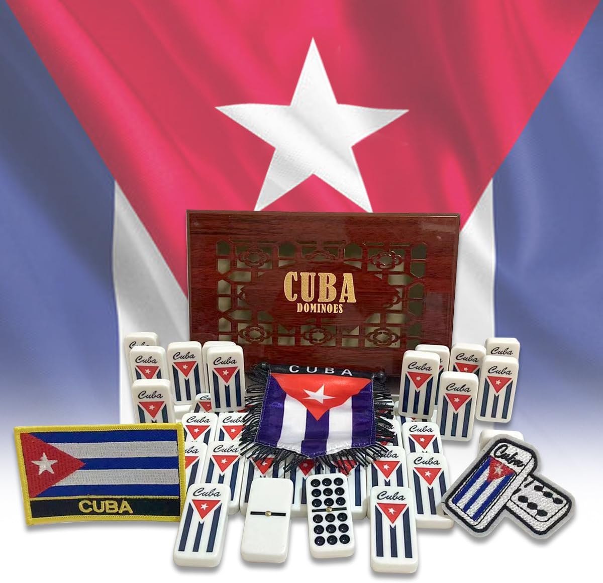 PRK 14 Cuban Dominoes Set – Double 9 Dominoes with Classic Wooden Box & Cuba Flag – 55 Resin Tiles with Cuban Design – Collectible Caribbean Gift Set for Home, Travel, and Display